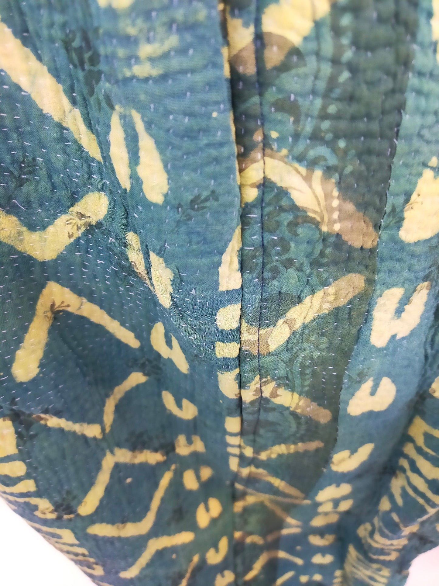 Vintage Cotton Kantha Elasticated Trousers Pants, Overdyed And Block Printed With Natural Indigo Green And Blue