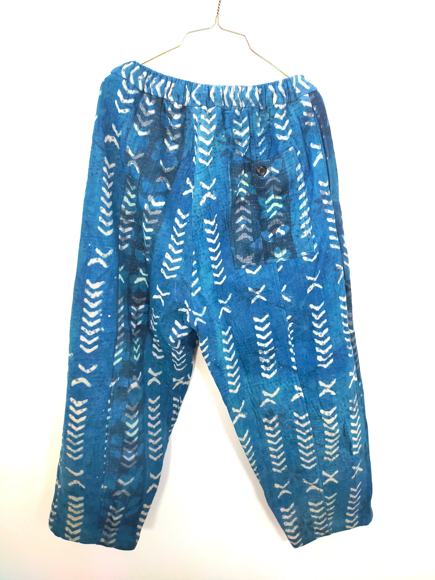 Vintage Cotton Hand-Stitched Kantha Elasticated Trousers Pants, Overdyed And Block Printed With Natural Indigo