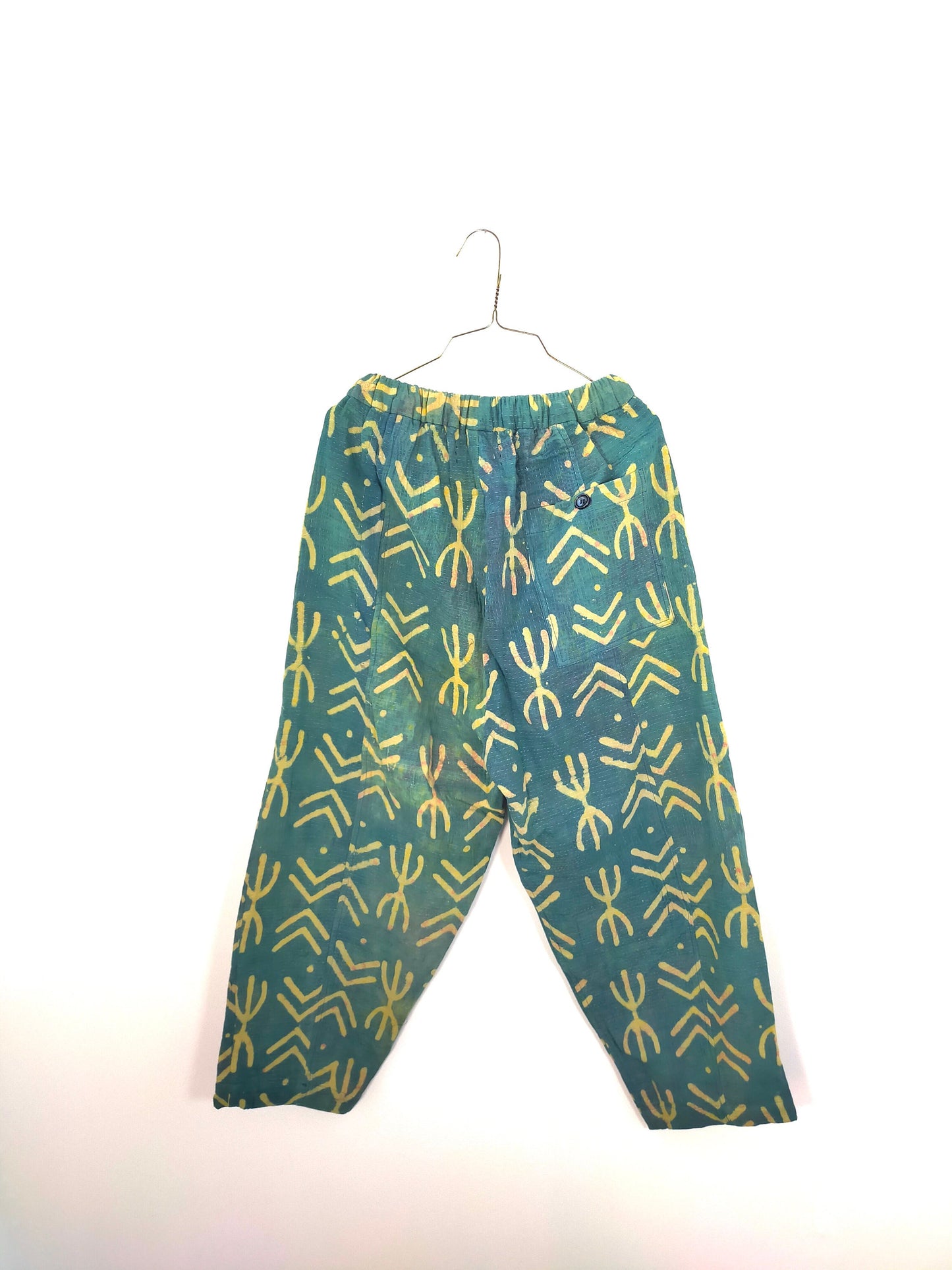 Vintage Cotton Hand Stitched Kantha Elasticated Trousers Pants, Over-dyed and Block Printed in Natural Indigo