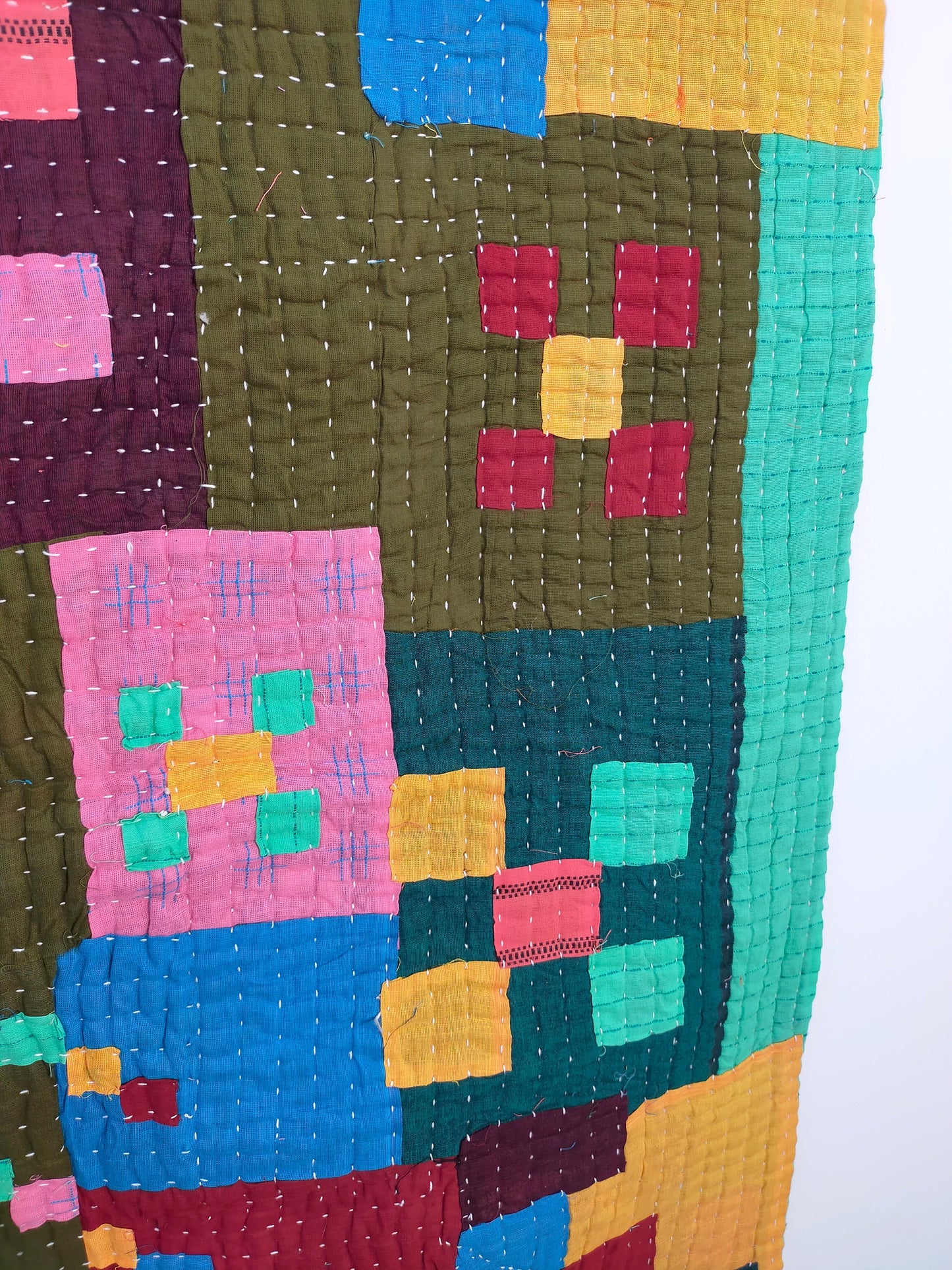 A Siddi Kawandi, Hand-Stitched Patchwork Kantha Style Baby Quilt Or Wall Hanging Made With Recycled Cotton In India
