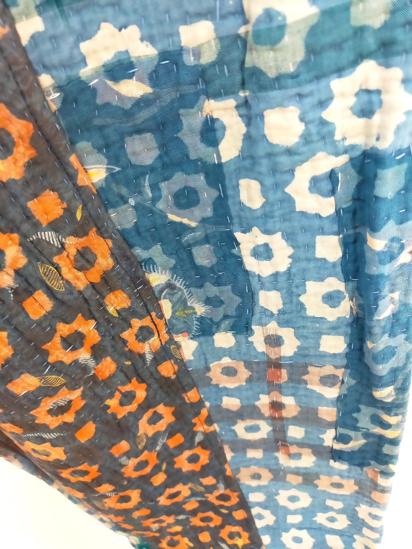 Vintage Cotton Kantha Pants With Elasticated Waist, Over-dyed and Block Printed in Natural Indigo
