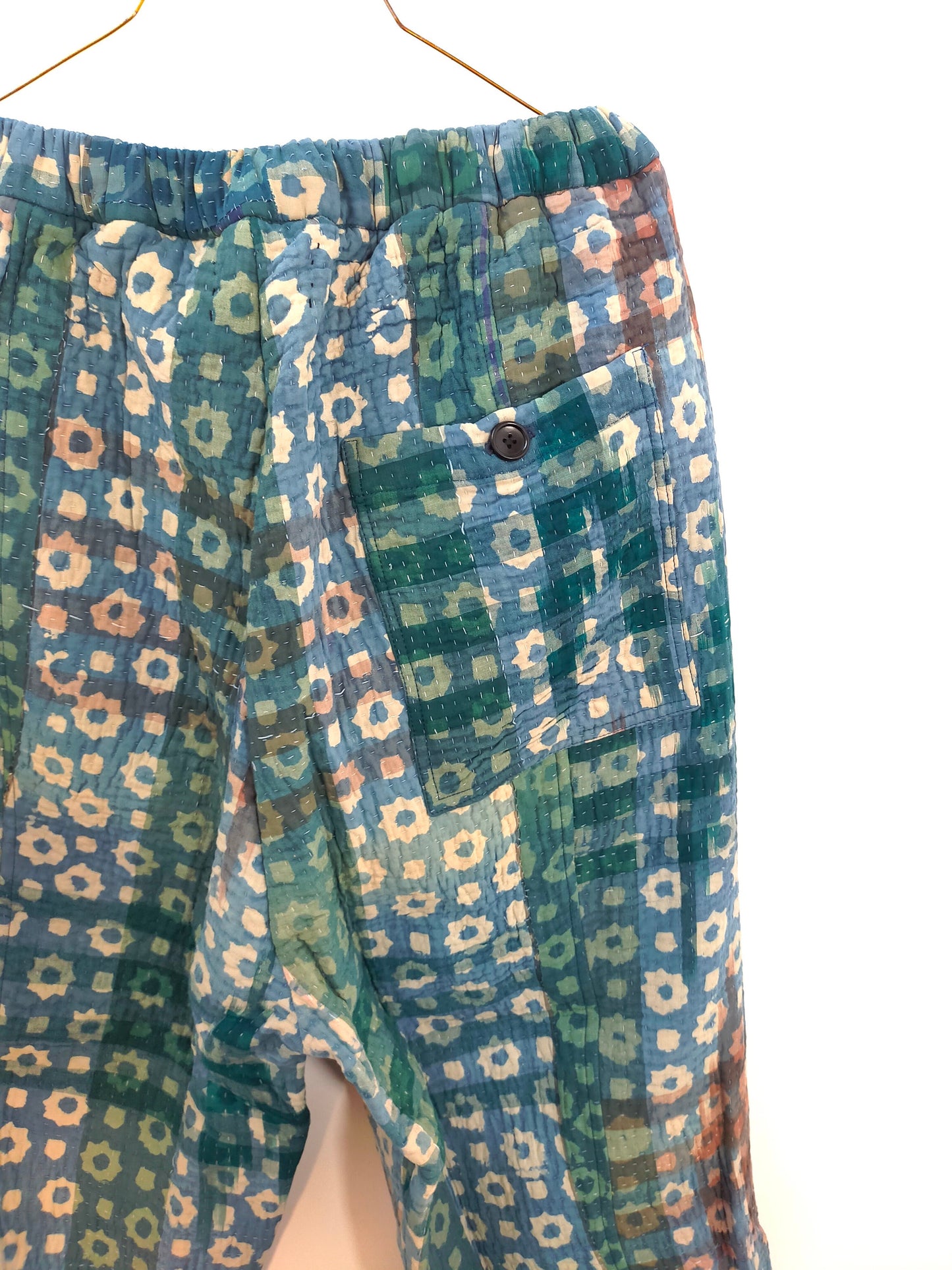 Vintage Cotton Kantha Pants With Elasticated Waist, Over-dyed and Block Printed in Natural Indigo