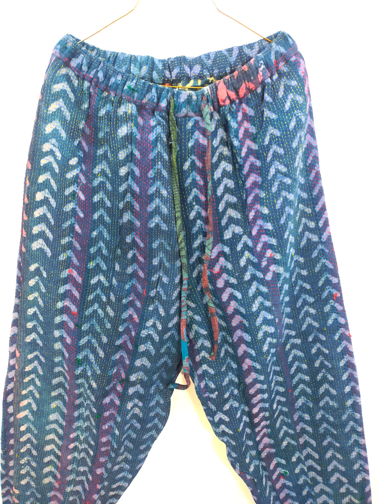 Vintage Cotton Kantha Elasticated Trousers Pants, Over-dyed and Block Printed in Natural Indigo - Ethically Made