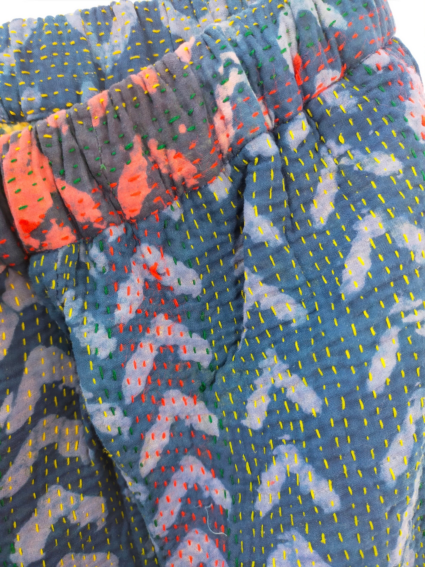 Vintage Cotton Kantha Elasticated Trousers Pants, Over-dyed and Block Printed in Natural Indigo - Ethically Made