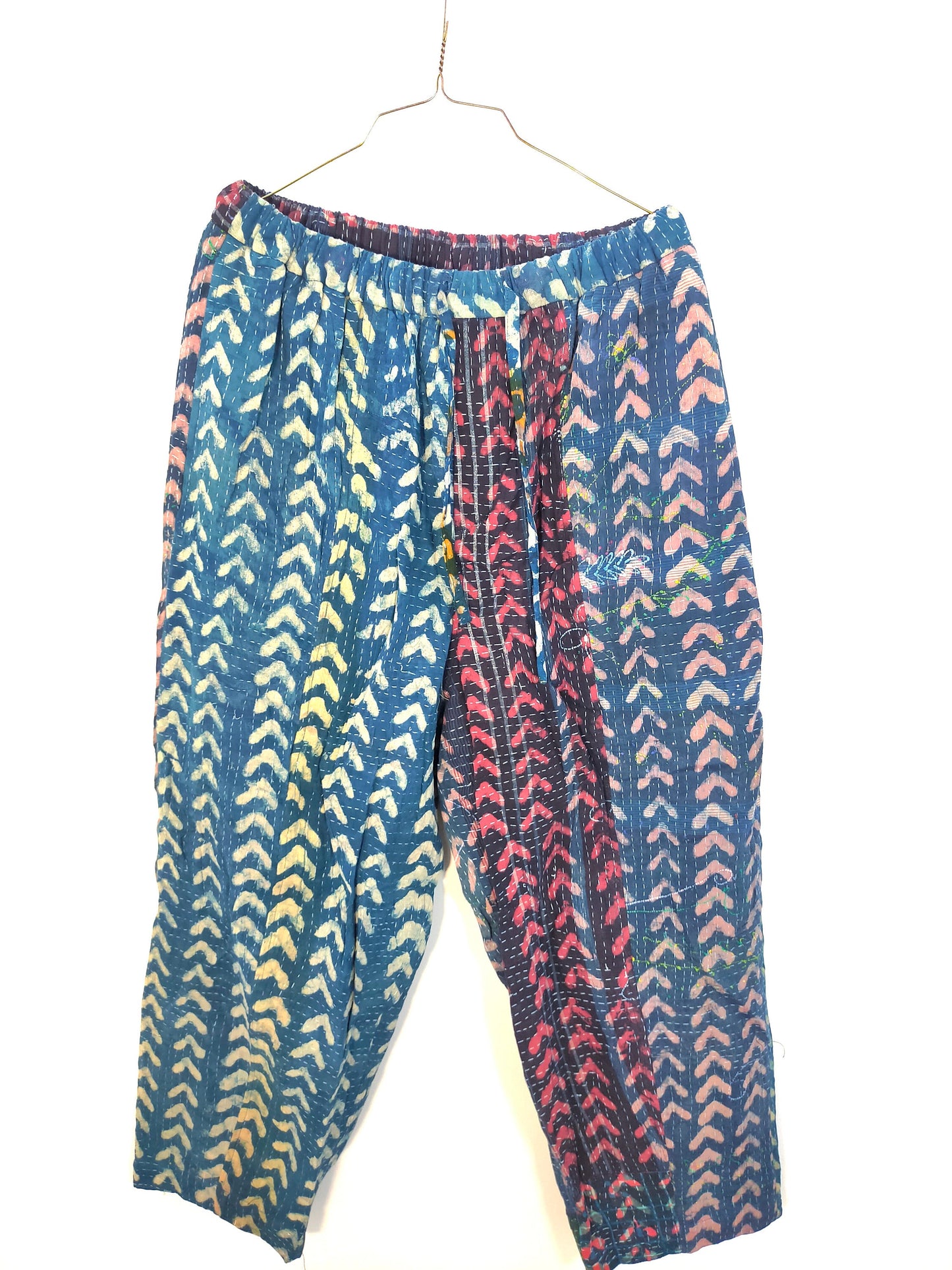 Vintage Cotton Kantha Pants Wirth Elasticated Waist Trousers, Over-dyed and Block Printed in Natural Indigo