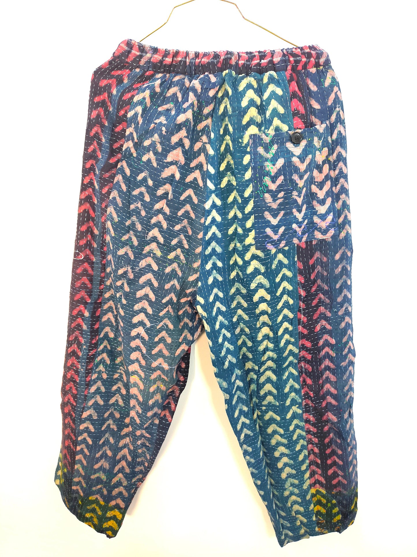 Vintage Cotton Kantha Pants Wirth Elasticated Waist Trousers, Over-dyed and Block Printed in Natural Indigo