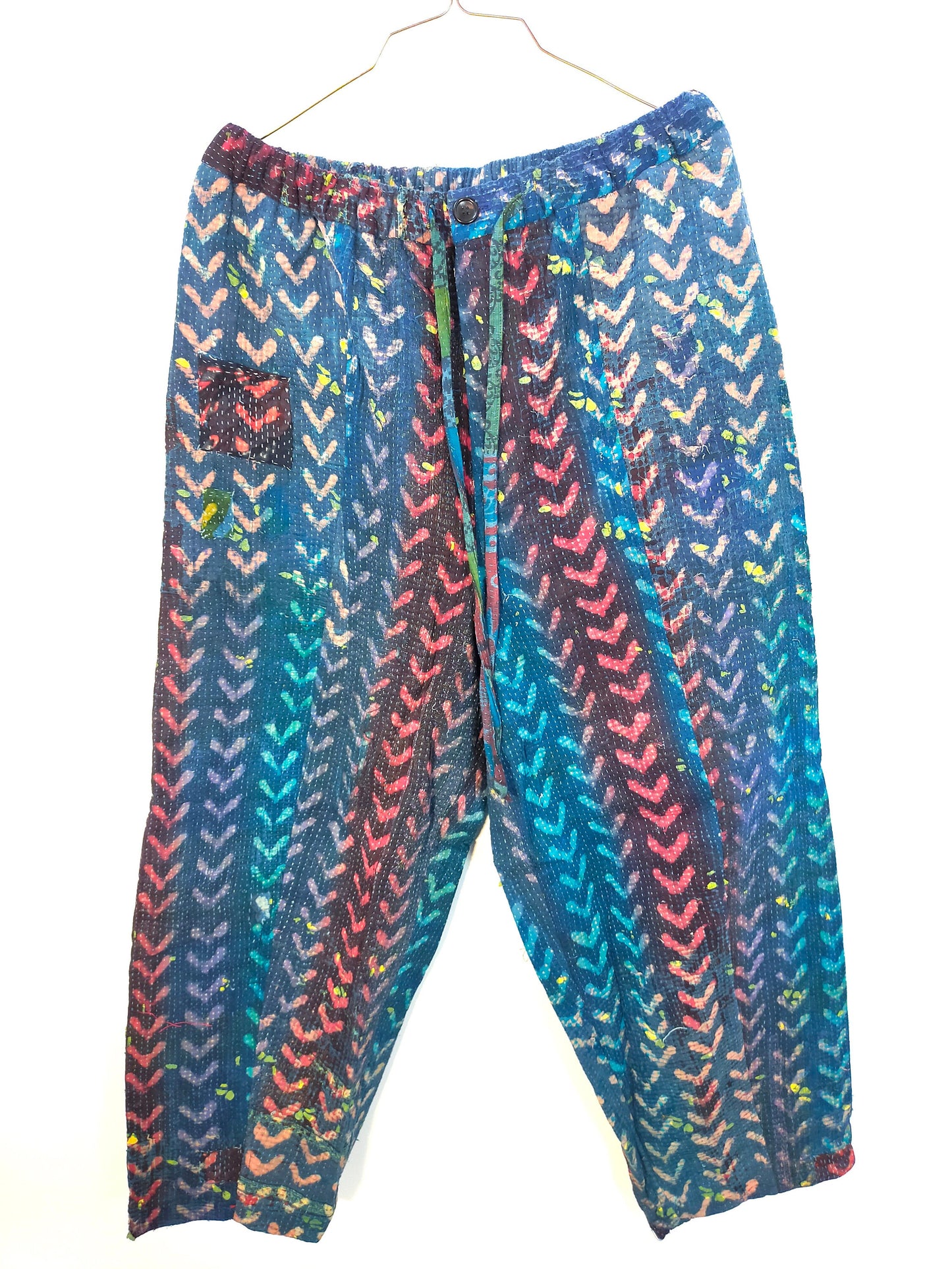 Vintage Soft Cotton Kantha Elasticated Trousers Pants, Over-dyed and Block Printed in Natural Indigo