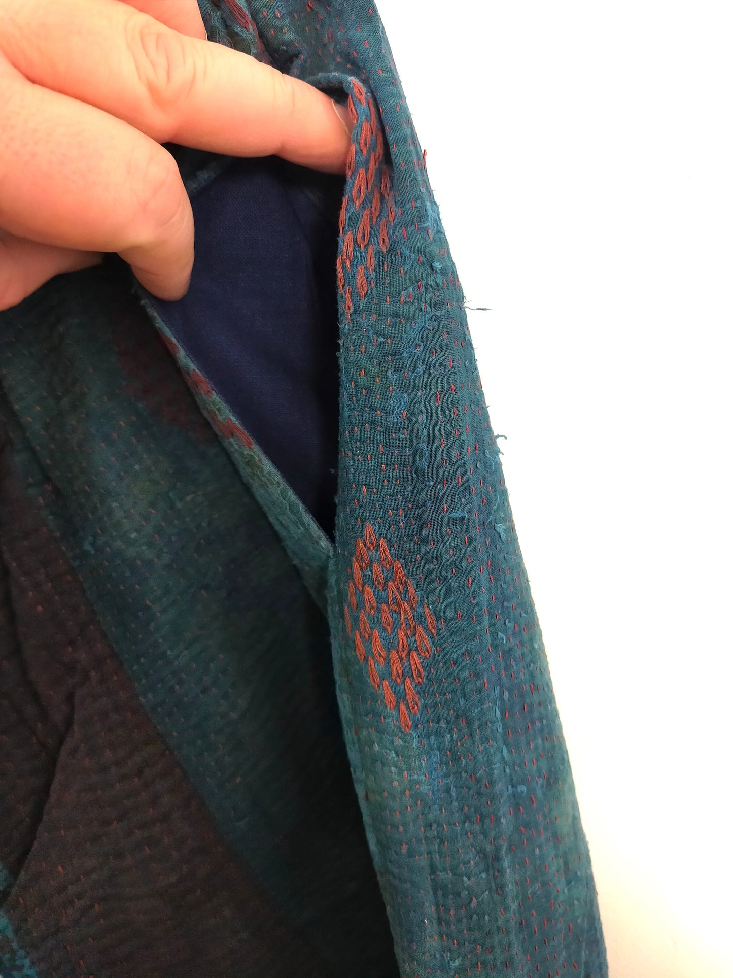 Vintage Cotton Kantha Elasticated Trousers Pants, Over-dyed in Natural Indigo Plant Dye