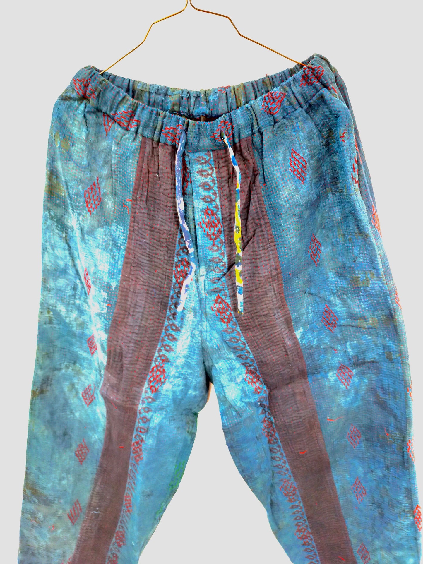 Vintage Cotton Kantha Elasticated Trousers Pants, Over-dyed in Natural Indigo Plant Dye