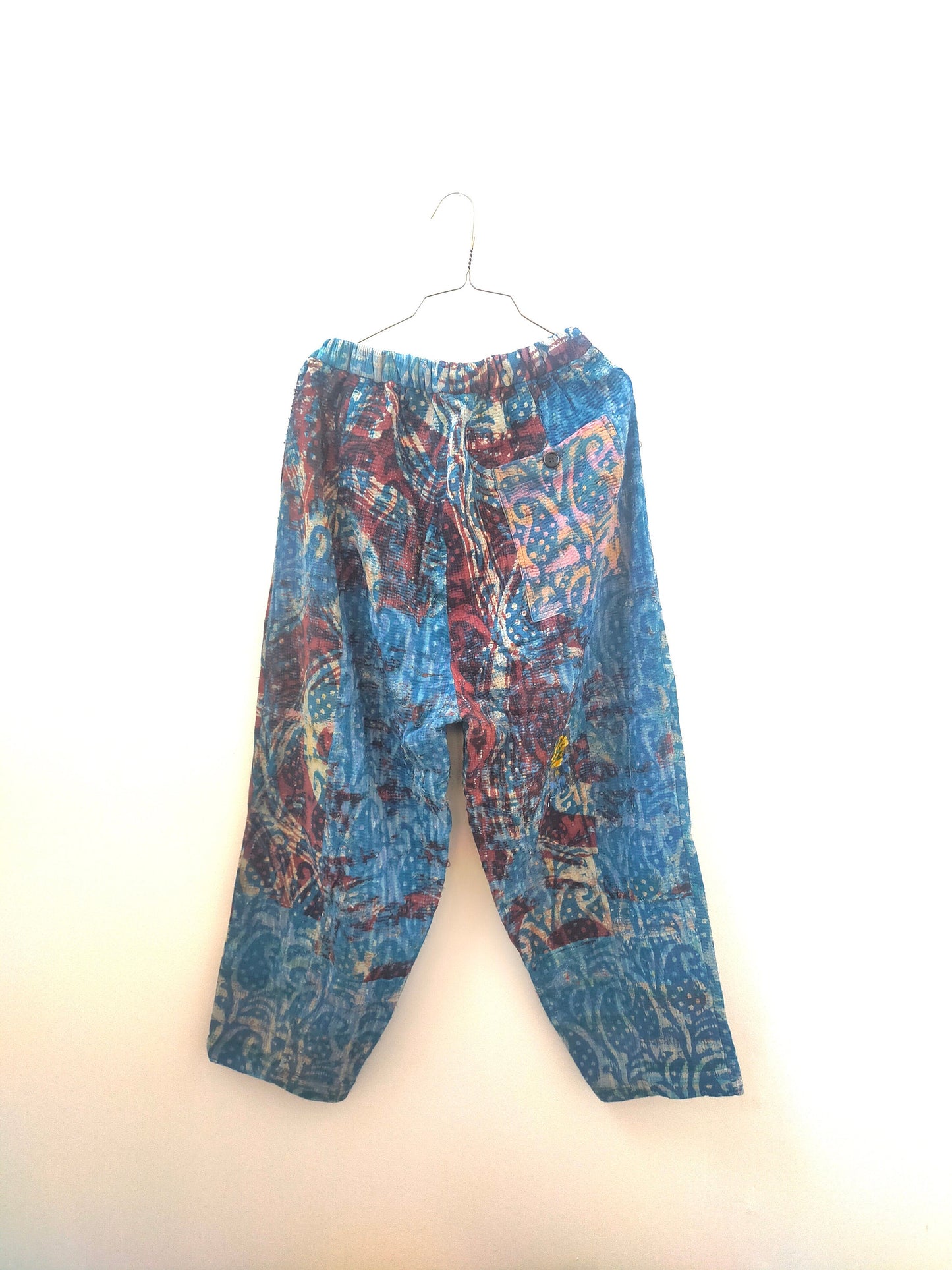 Vintage Cotton Hand-Stitched Kantha Trousers/Pants, Over-dyed and Block Printed in Natural Indigo