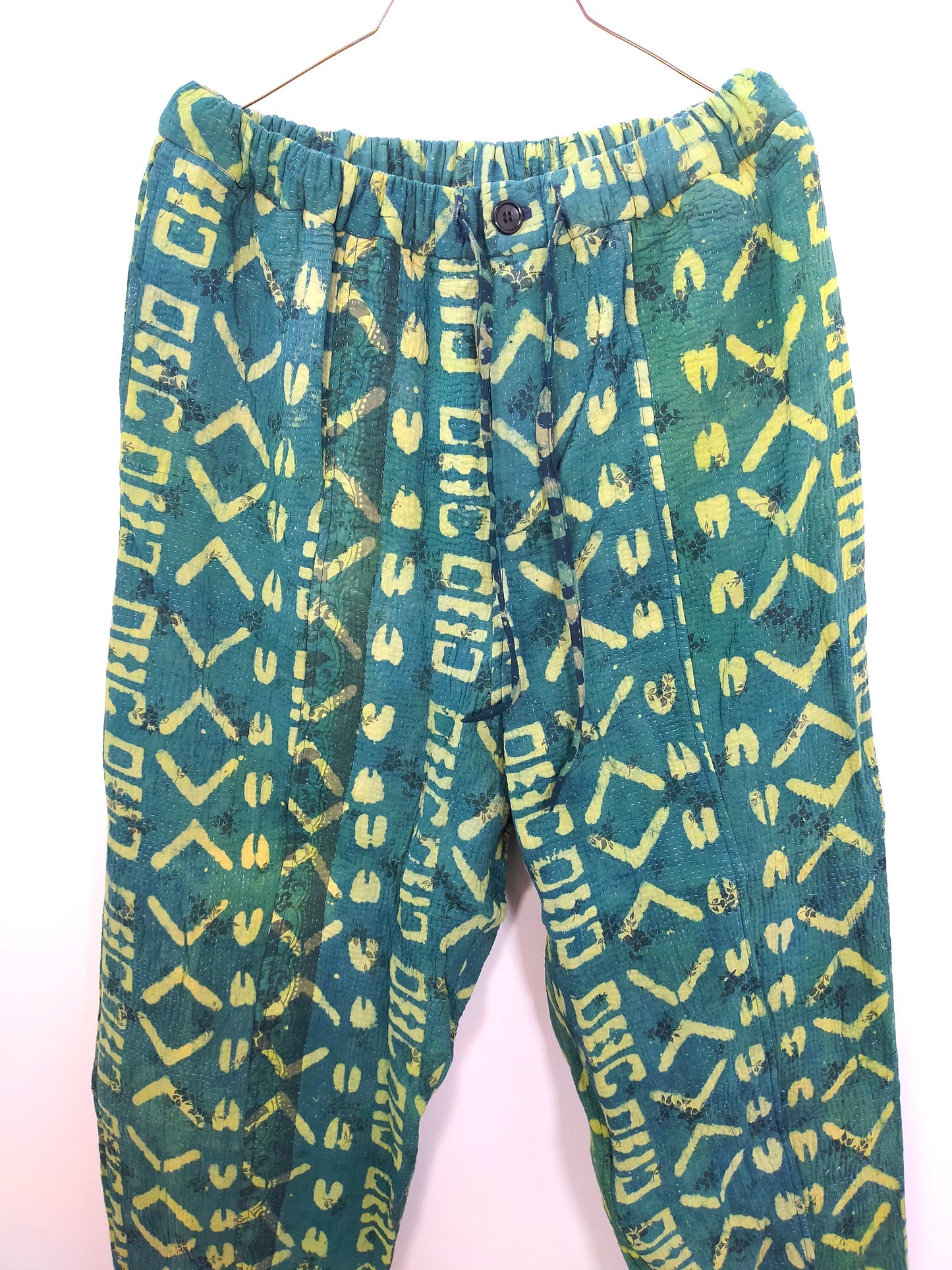 Vintage Cotton Kantha Elasticated Trousers Pants, Overdyed And Block Printed With Natural Indigo Green And Blue