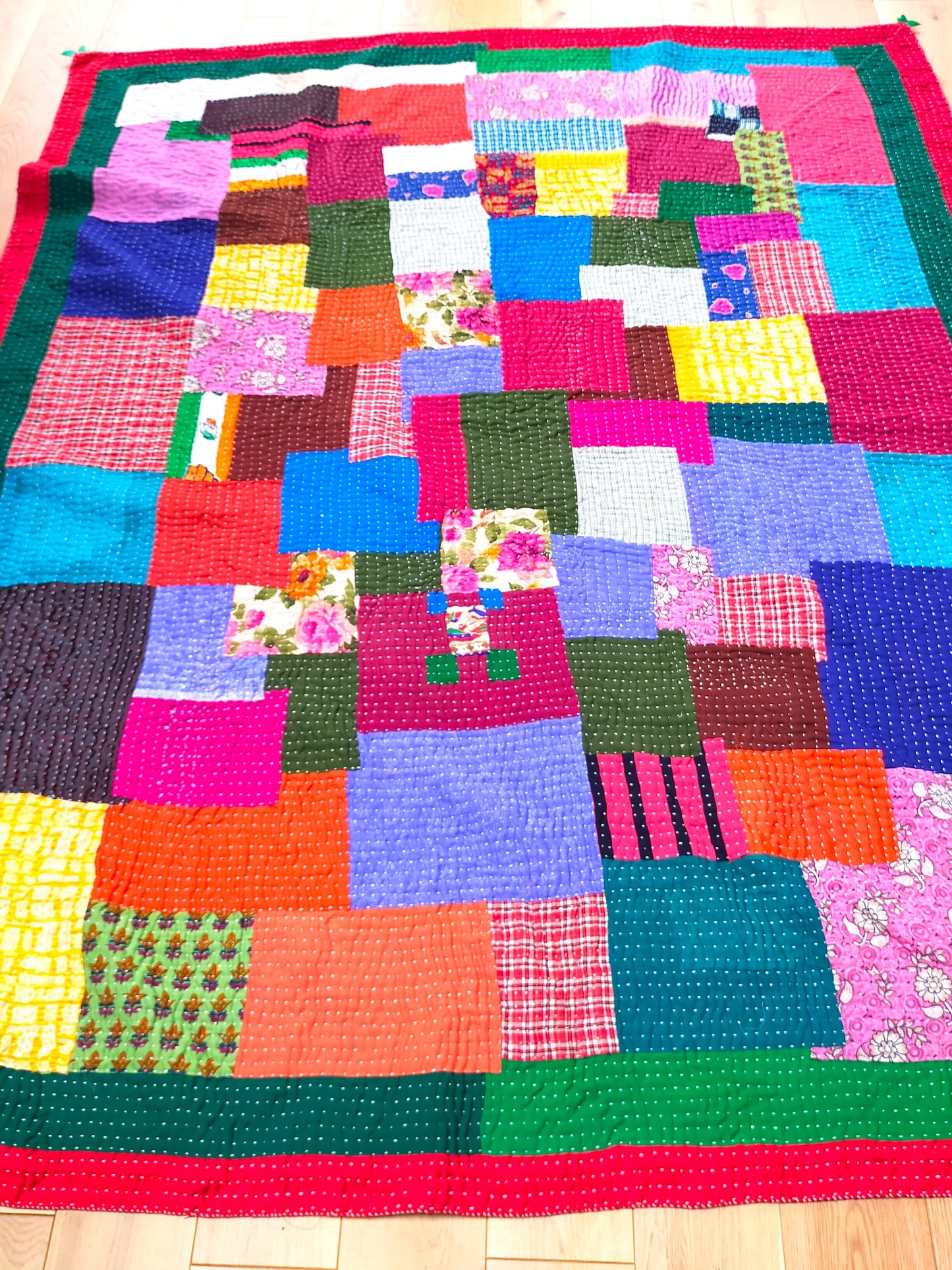 Siddi Tribal Patchwork Kantha Kawandi Quilted Blanket Made With Recycled Cotton In Karnataka, India