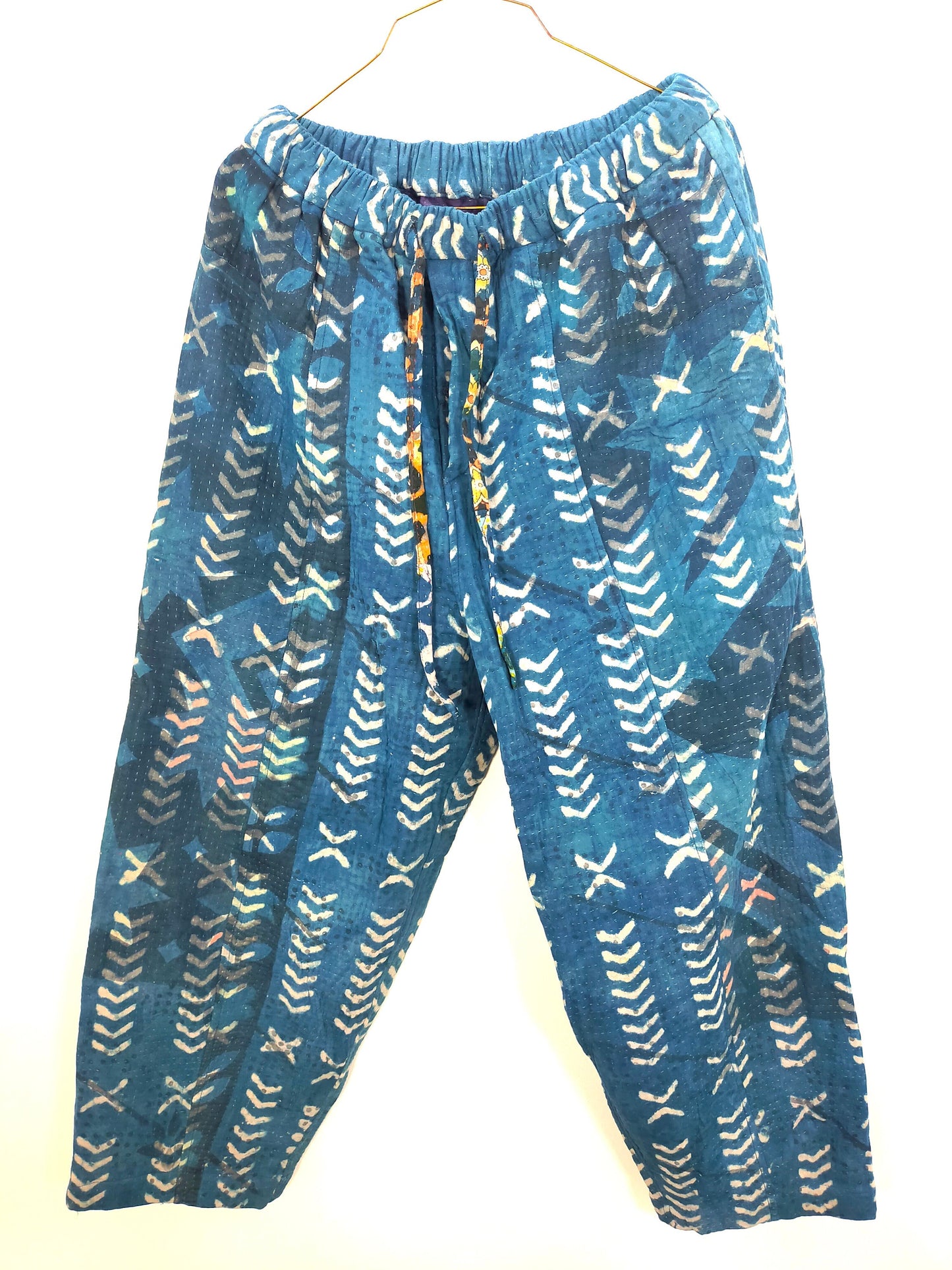 Vintage Cotton Hand-Stitched Kantha Elasticated Trousers Pants, Overdyed And Block Printed With Natural Indigo
