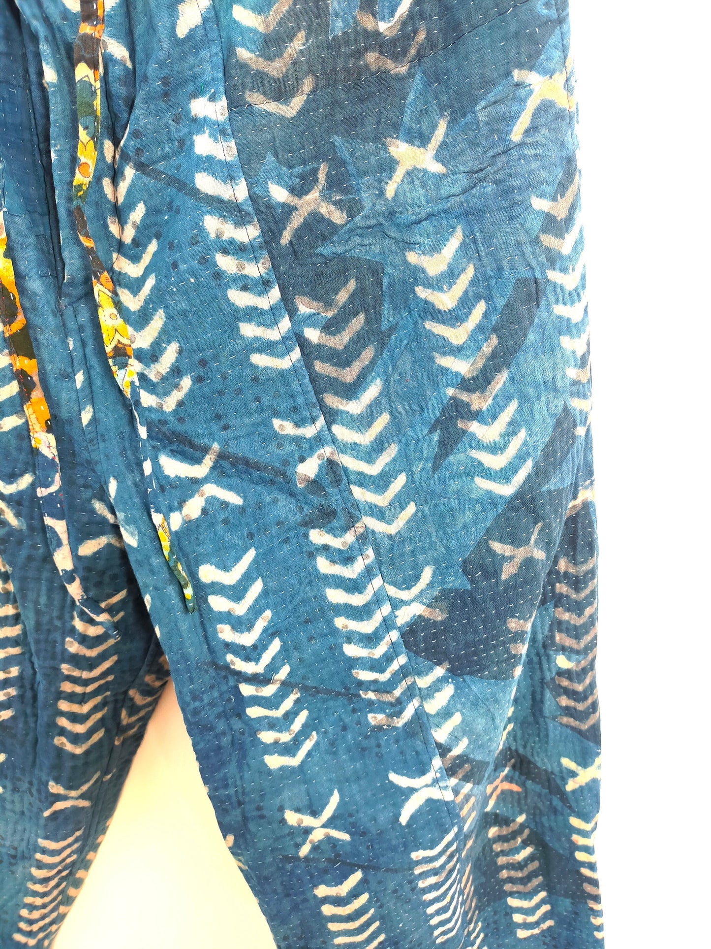 Vintage Cotton Hand-Stitched Kantha Elasticated Trousers Pants, Overdyed And Block Printed With Natural Indigo