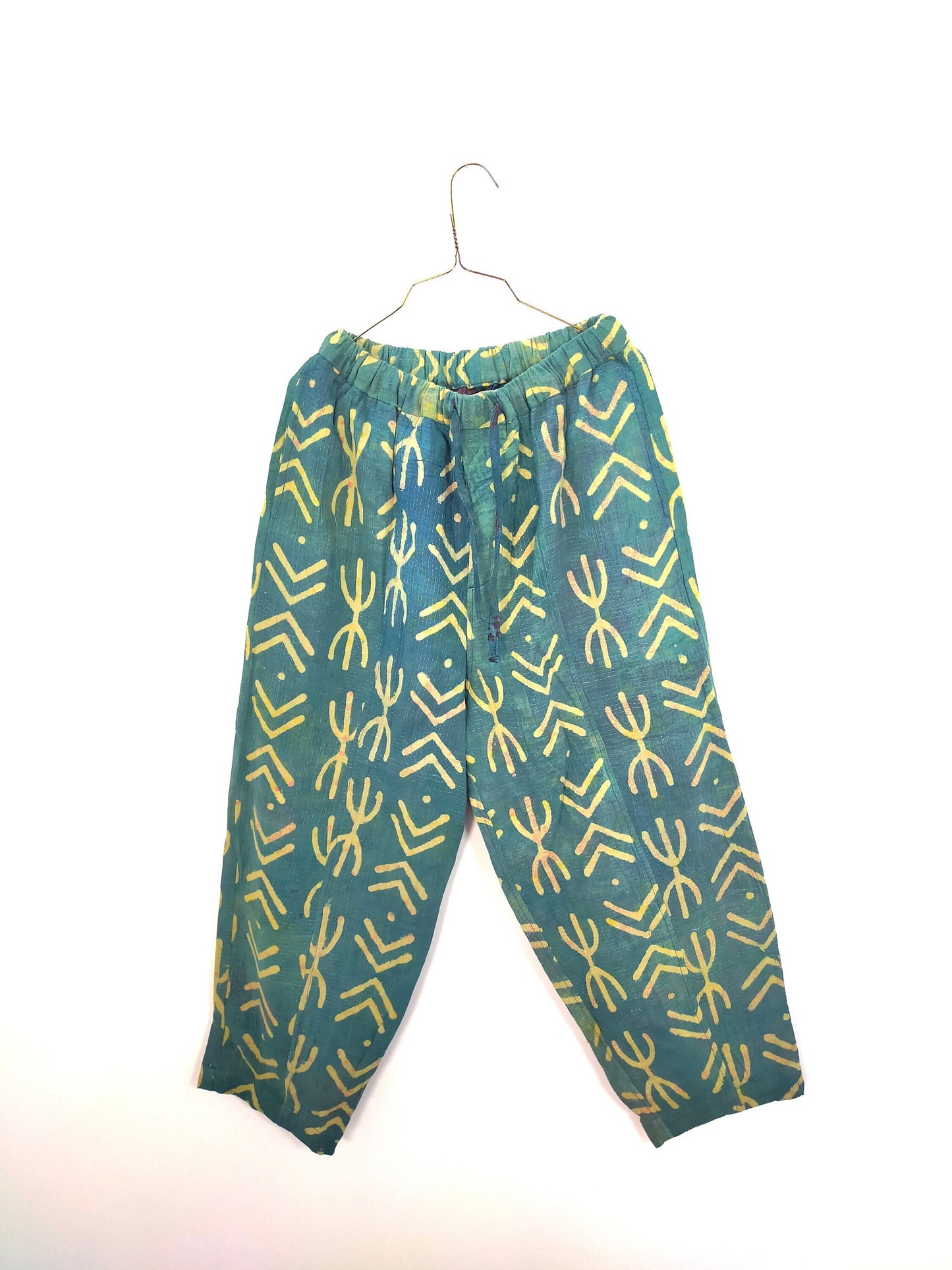 Vintage Cotton Hand Stitched Kantha Elasticated Trousers Pants, Over-dyed and Block Printed in Natural Indigo