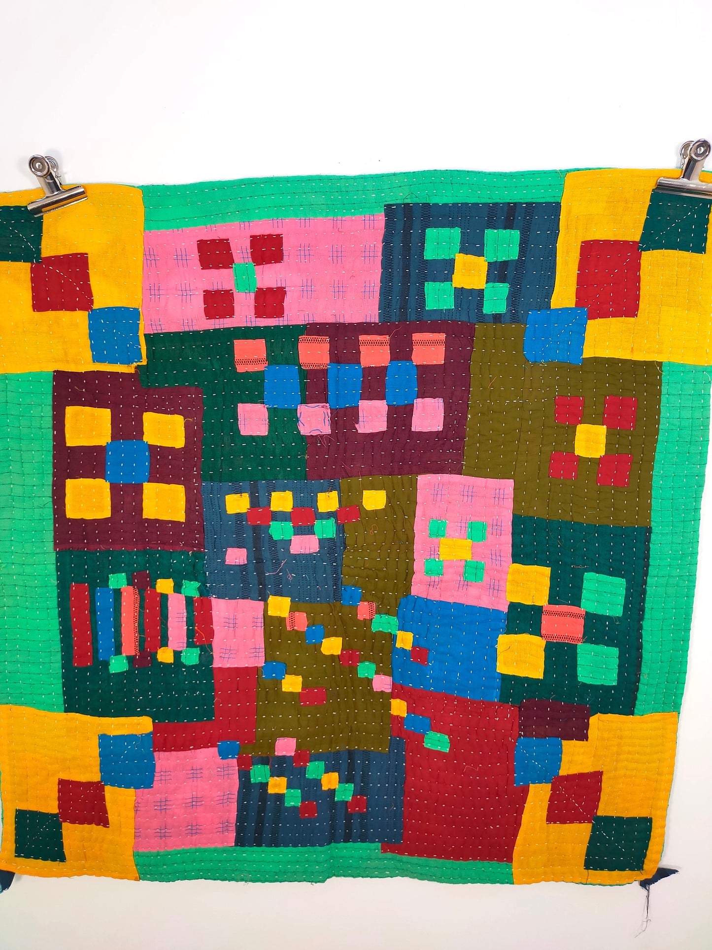 A Siddi Kawandi, Hand-Stitched Patchwork Kantha Style Baby Quilt Or Wall Hanging Made With Recycled Cotton In India