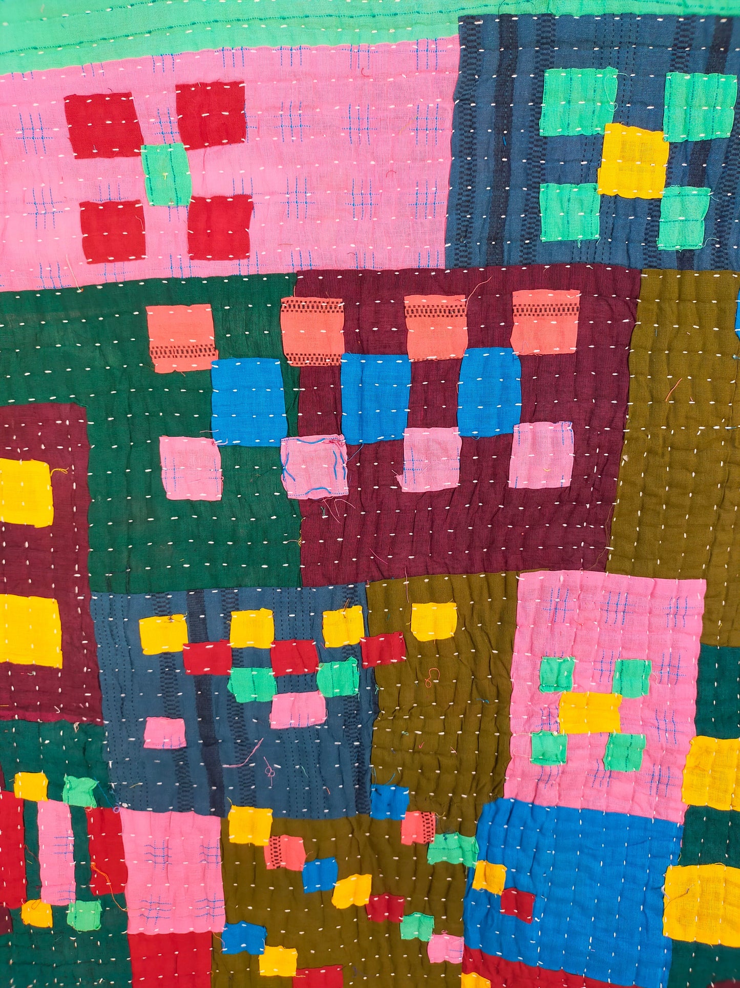 A Siddi Kawandi, Hand-Stitched Patchwork Kantha Style Baby Quilt Or Wall Hanging Made With Recycled Cotton In India