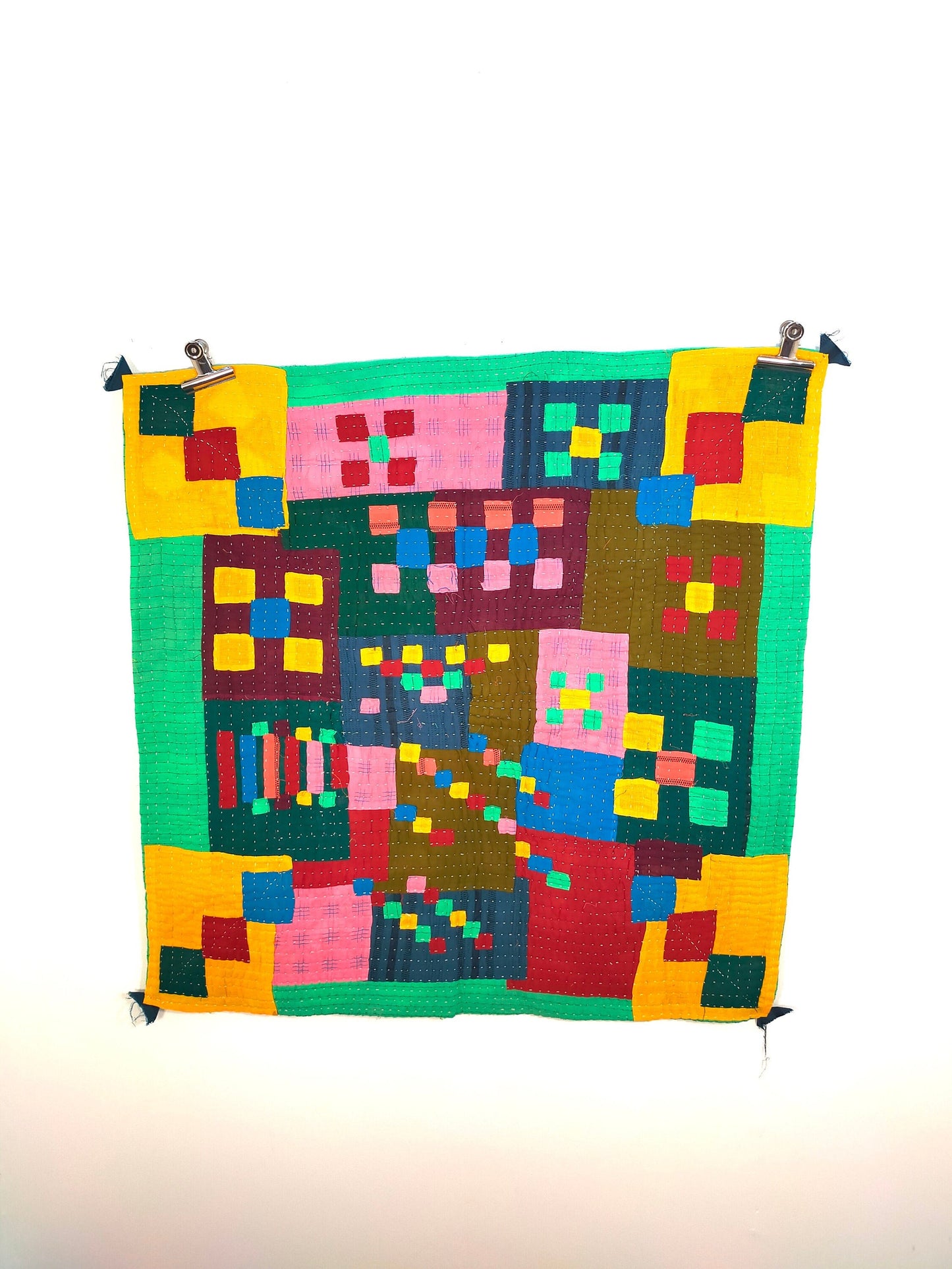 A Siddi Kawandi, Hand-Stitched Patchwork Kantha Style Baby Quilt Or Wall Hanging Made With Recycled Cotton In India