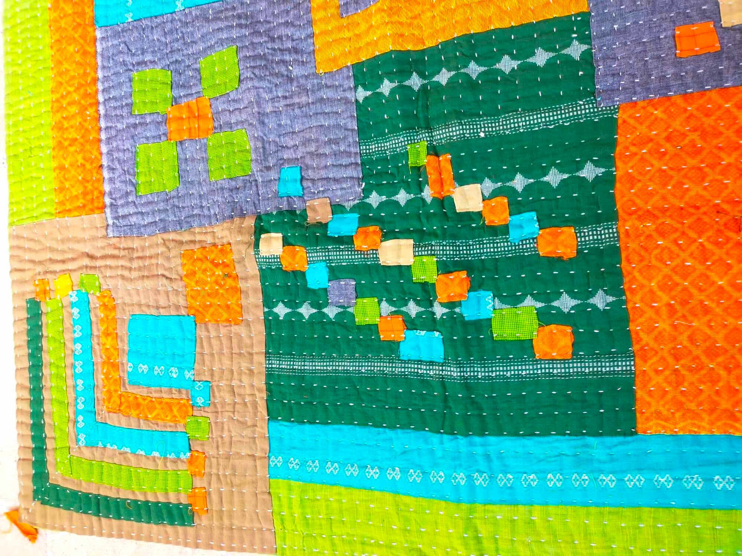 Siddi Tribal Patchwork Kawandi Kavand Single Quilted Kantha Blanket From India Green Orange