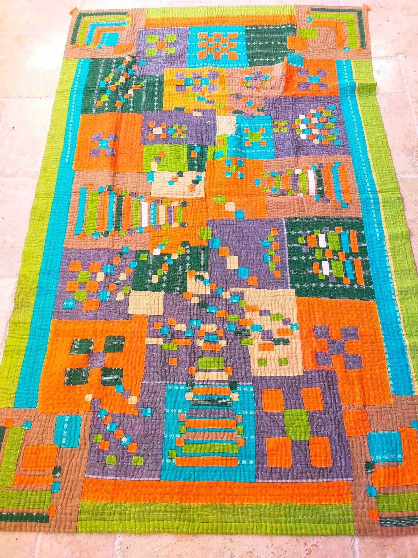 Siddi Tribal Patchwork Kawandi Kavand Single Quilted Kantha Blanket From India Green Orange