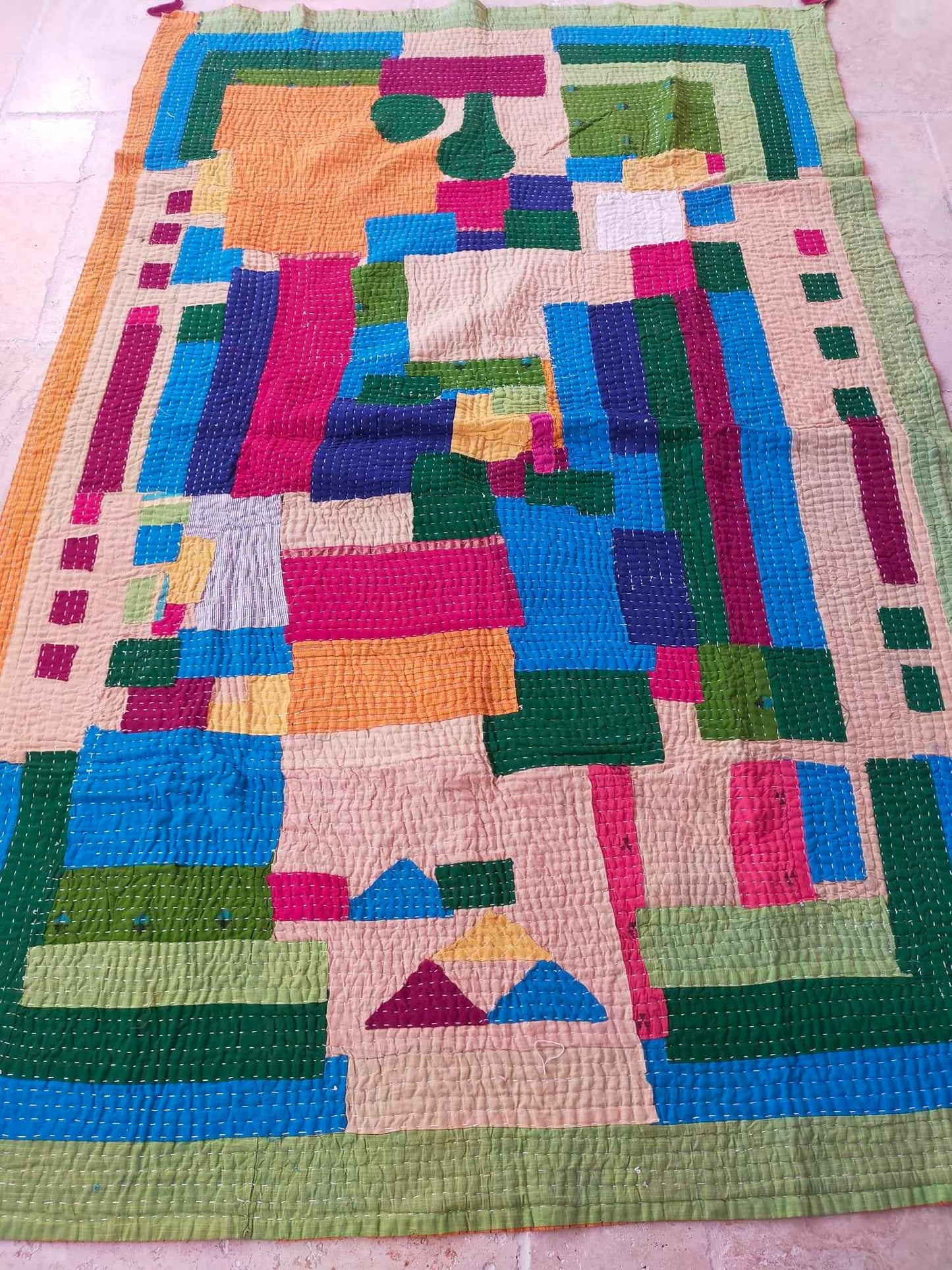 Siddi Tribal Patchwork Kawandi Kavand Single Quilted Kantha Blanket From India - Single Bed