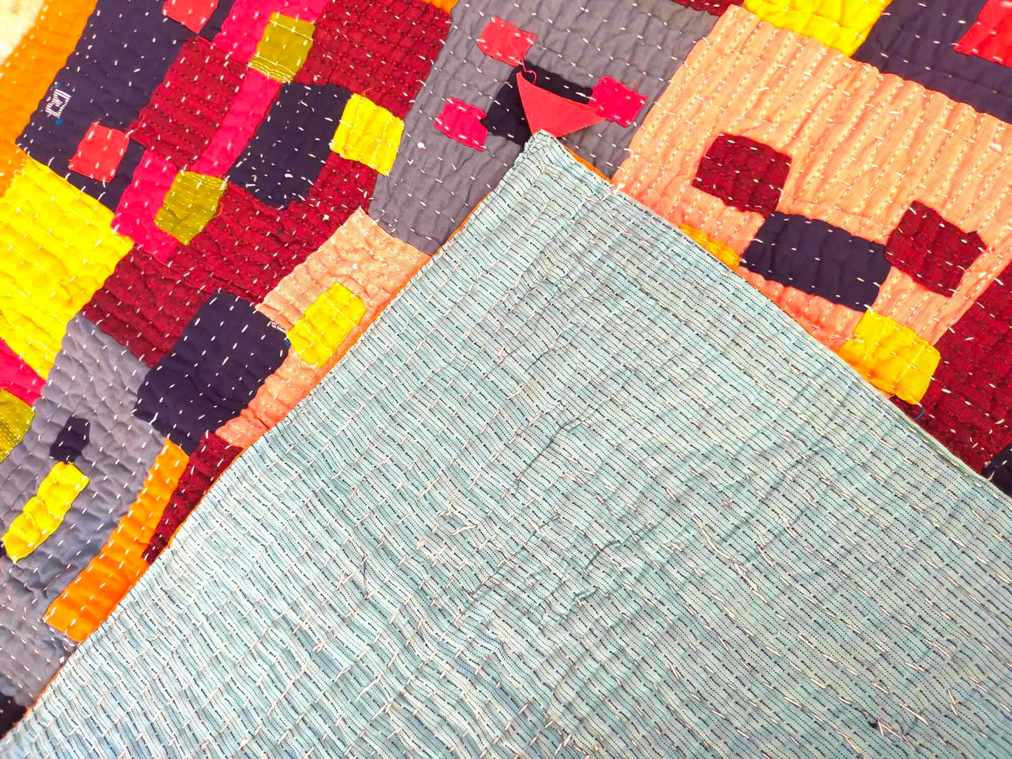 Siddi Tribal Patchwork Kawandi Kavand Single Quilted Kantha Baby Blanket From India - Baby Quilt Or Wall Hanging
