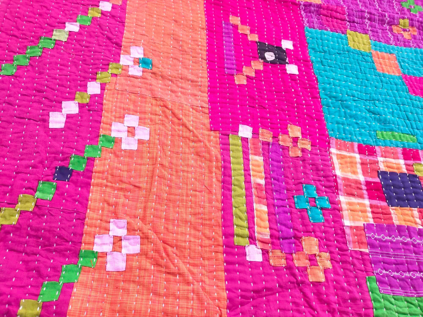 Siddi Tribal Patchwork Kantha Kawandi Quilted Blanket Made With Recycled Cotton In India Pink