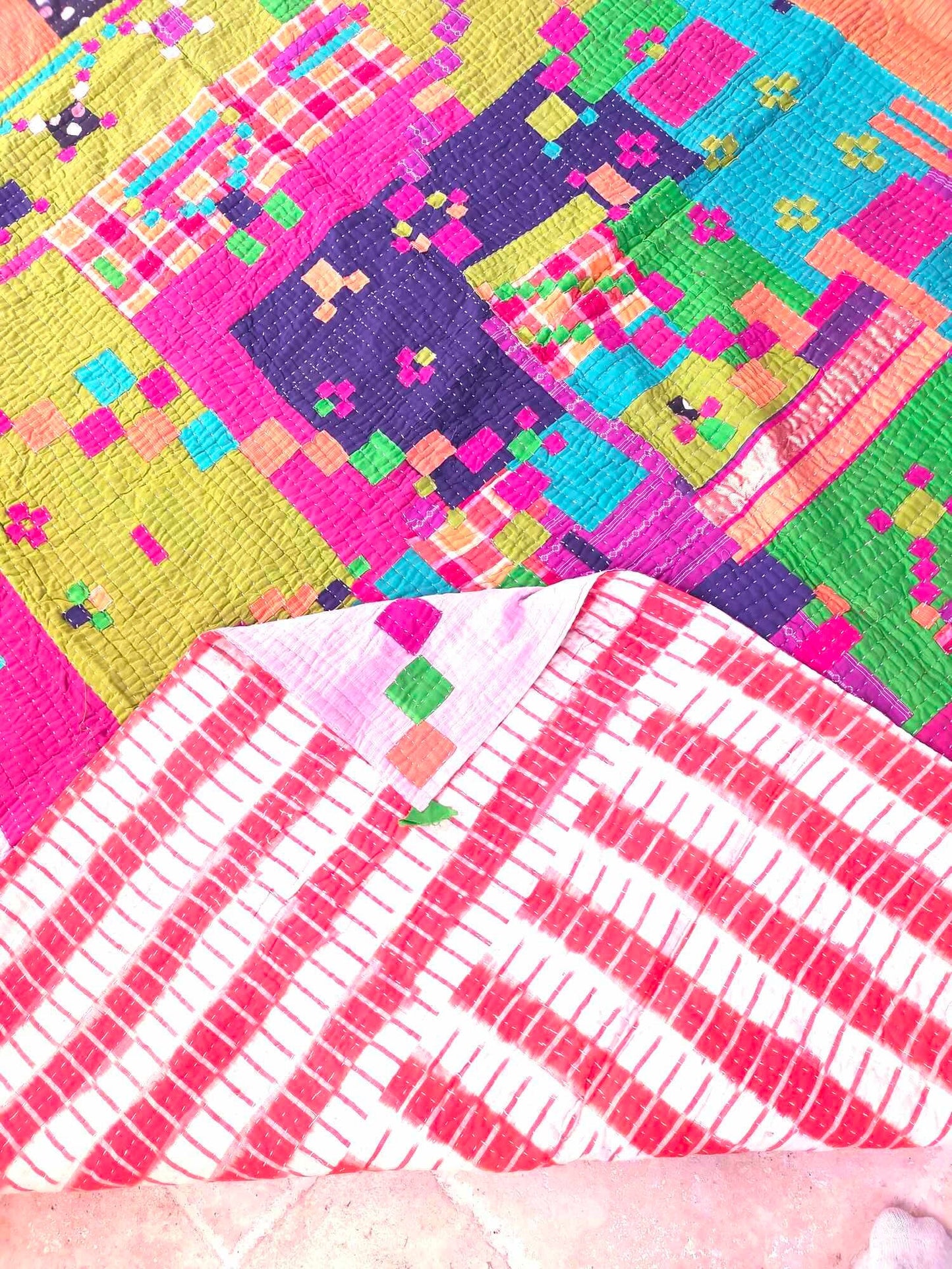 Siddi Tribal Patchwork Kantha Kawandi Quilted Blanket Made With Recycled Cotton In India Pink