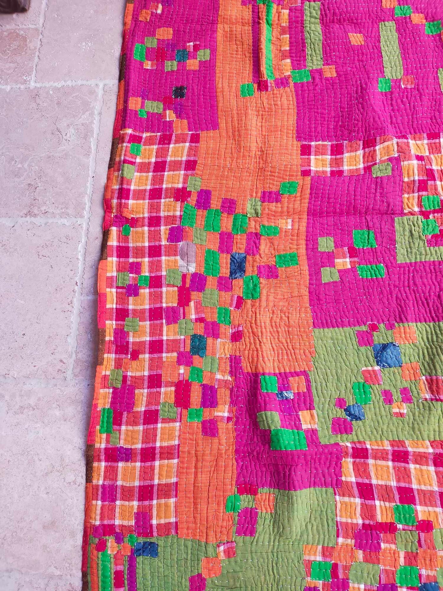 Siddi Tribal Patchwork Kantha Kawandi Kavand Quilted Blanket Made With Recycled Cotton In India - Pink Green And Orange