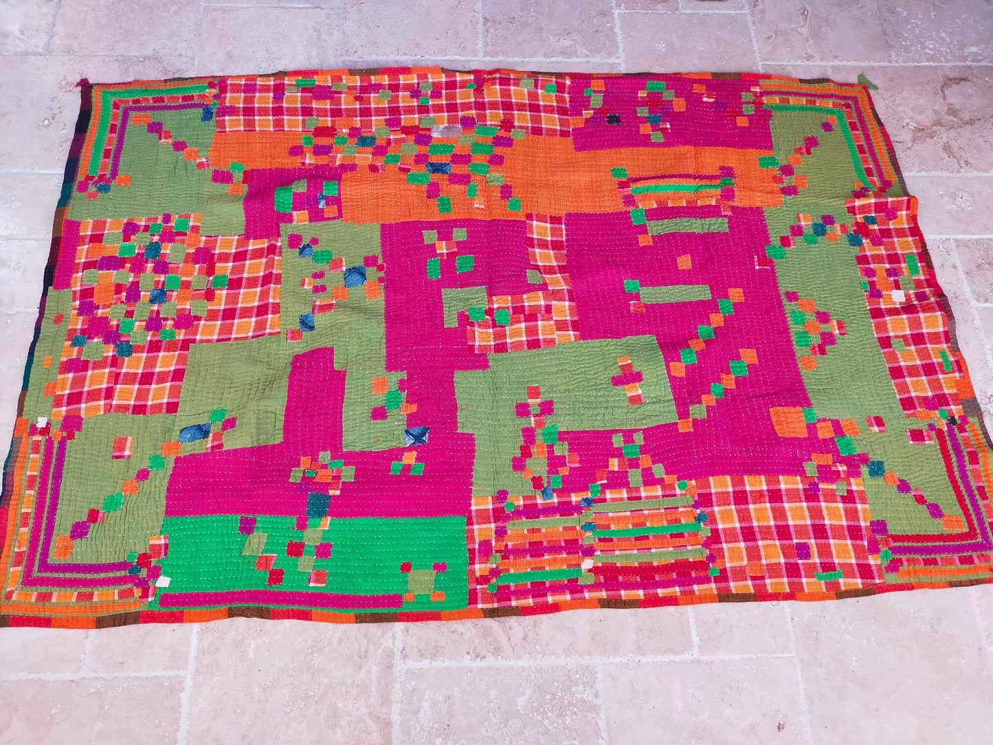 Siddi Tribal Patchwork Kantha Kawandi Kavand Quilted Blanket Made With Recycled Cotton In India - Pink Green And Orange