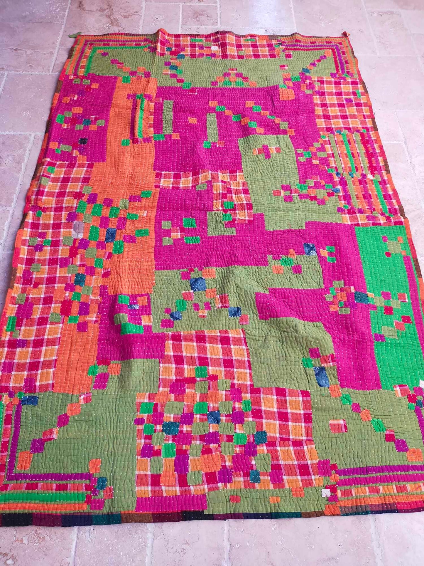 Siddi Tribal Patchwork Kantha Kawandi Kavand Quilted Blanket Made With Recycled Cotton In India - Pink Green And Orange