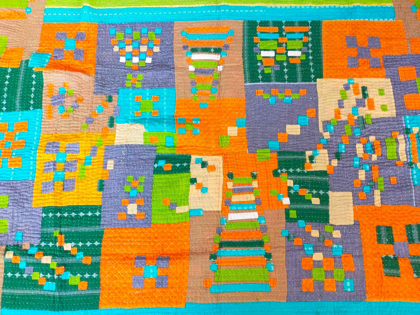 Siddi Tribal Patchwork Kawandi Kavand Single Quilted Kantha Blanket From India Green Orange