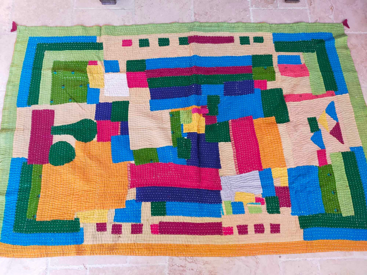 Siddi Tribal Patchwork Kawandi Kavand Single Quilted Kantha Blanket From India - Single Bed