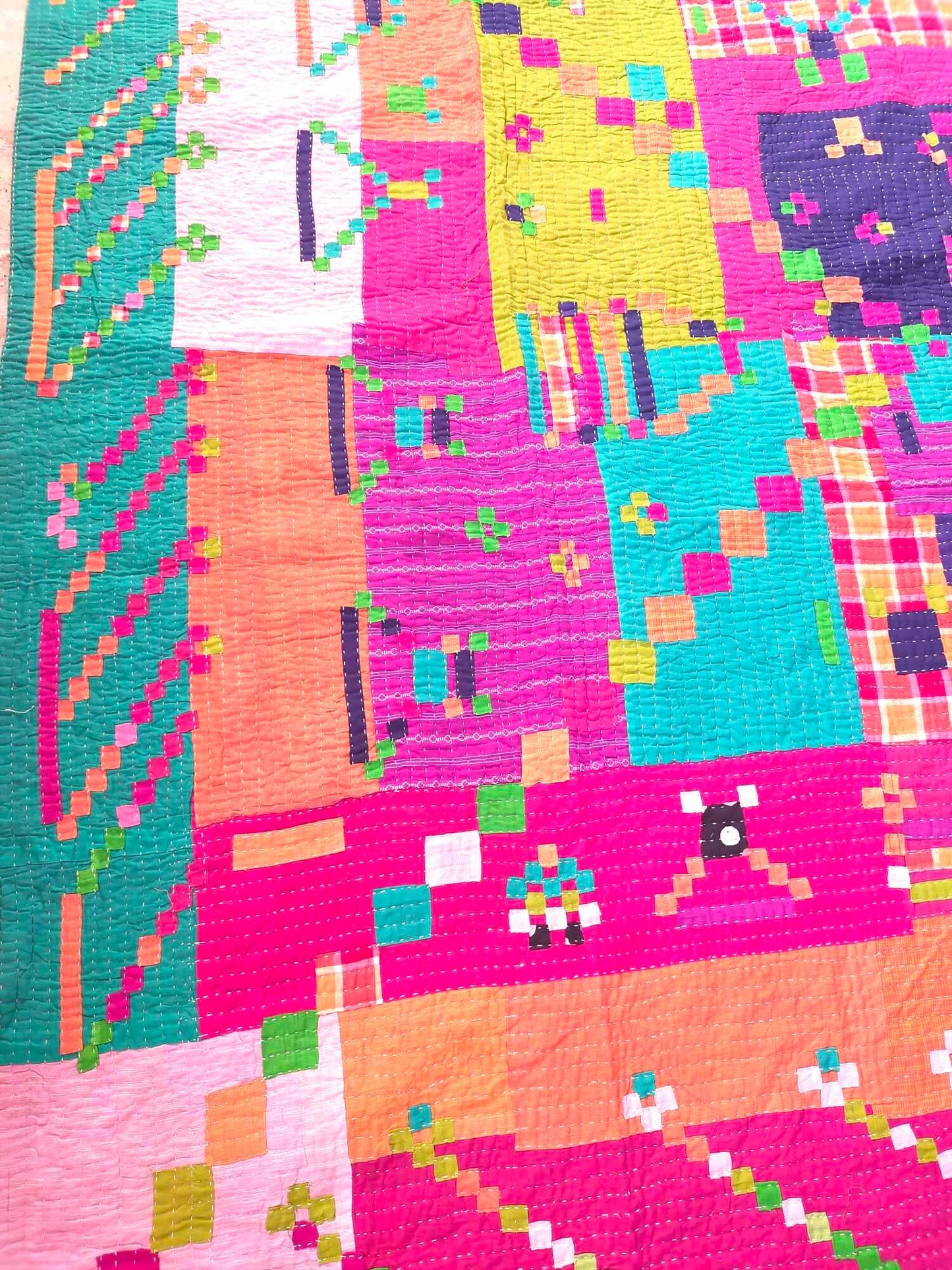 Siddi Tribal Patchwork Kantha Kawandi Quilted Blanket Made With Recycled Cotton In India Pink