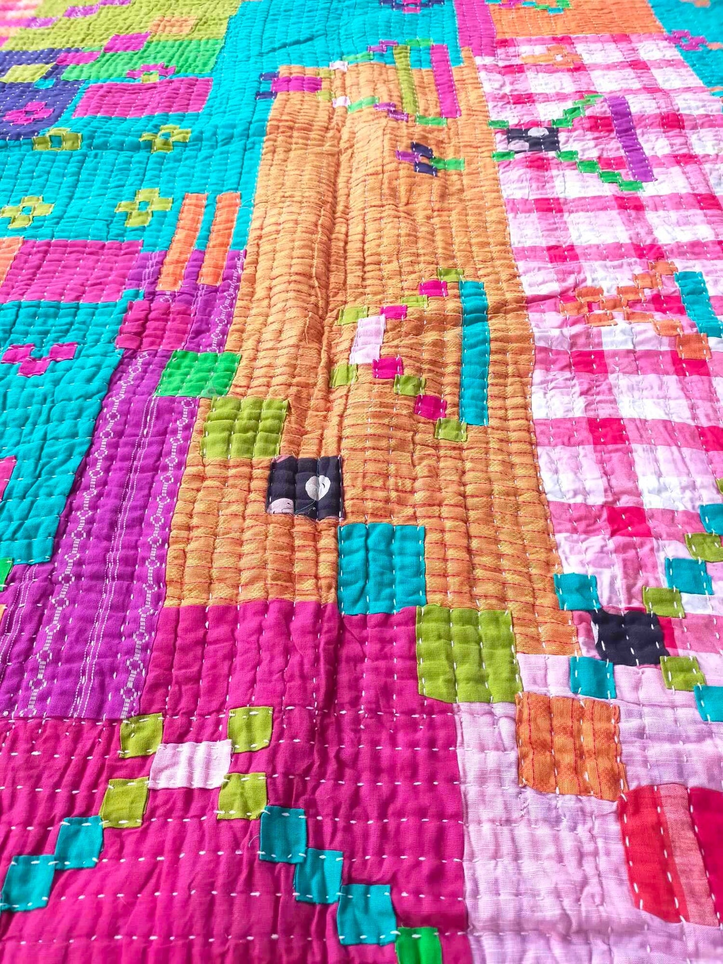 Siddi Tribal Patchwork Kantha Kawandi Quilted Blanket Made With Recycled Cotton In India Pink