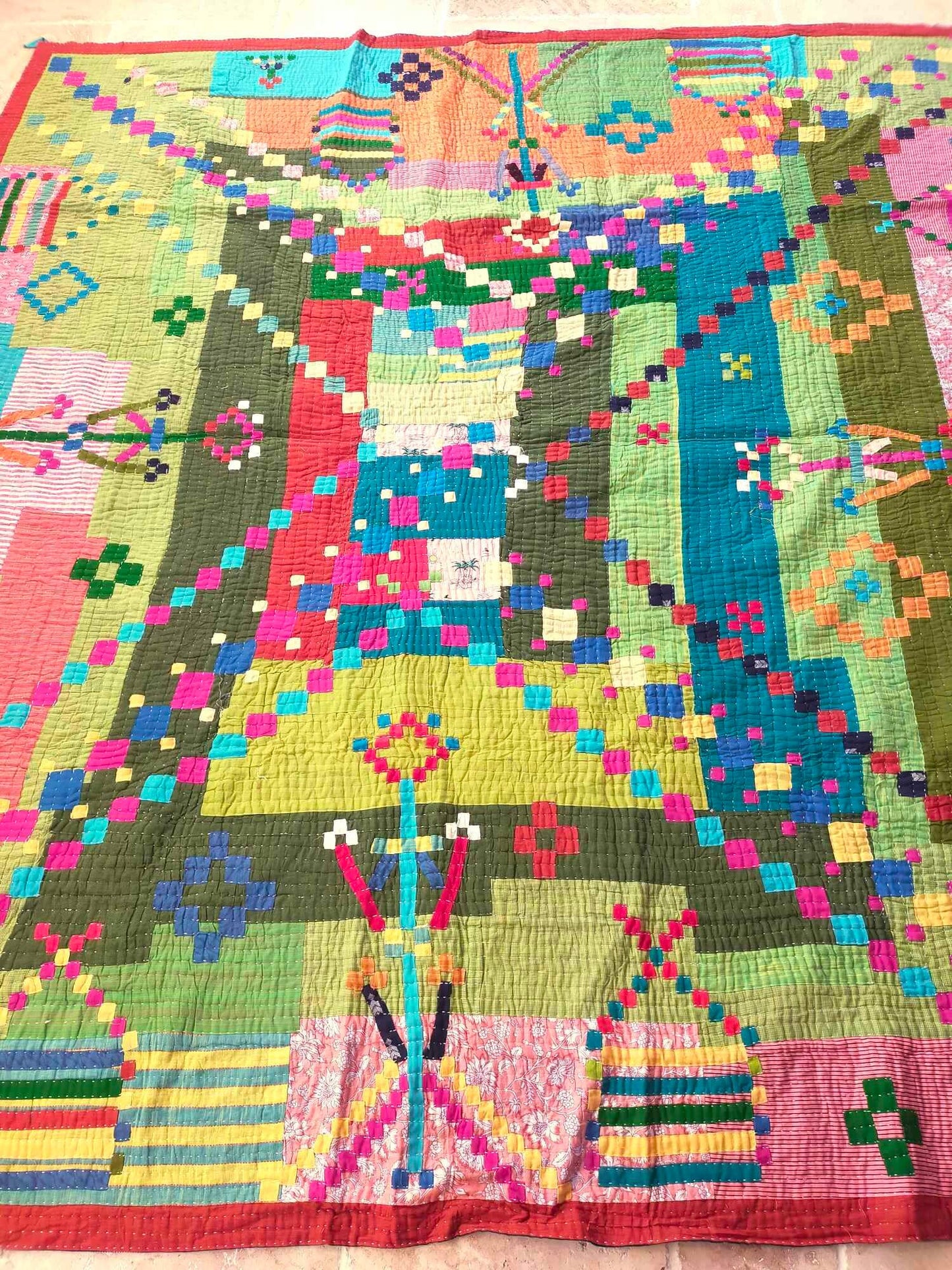 Siddi Tribal Patchwork Kantha Kawandi Quilted Blanket Made With Recycled Cotton In India Large And Heavy