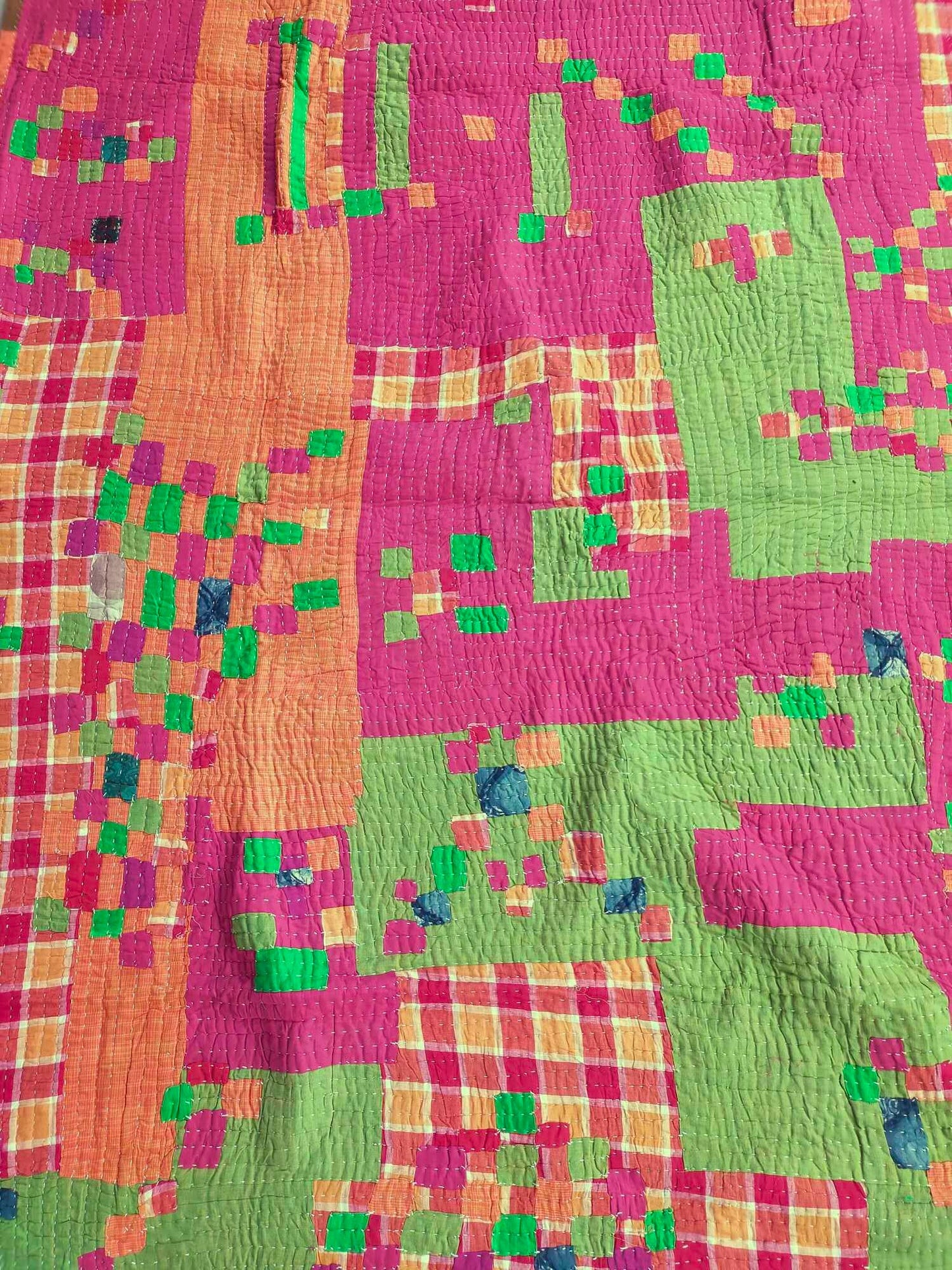 Siddi Tribal Patchwork Kantha Kawandi Kavand Quilted Blanket Made With Recycled Cotton In India - Pink Green And Orange