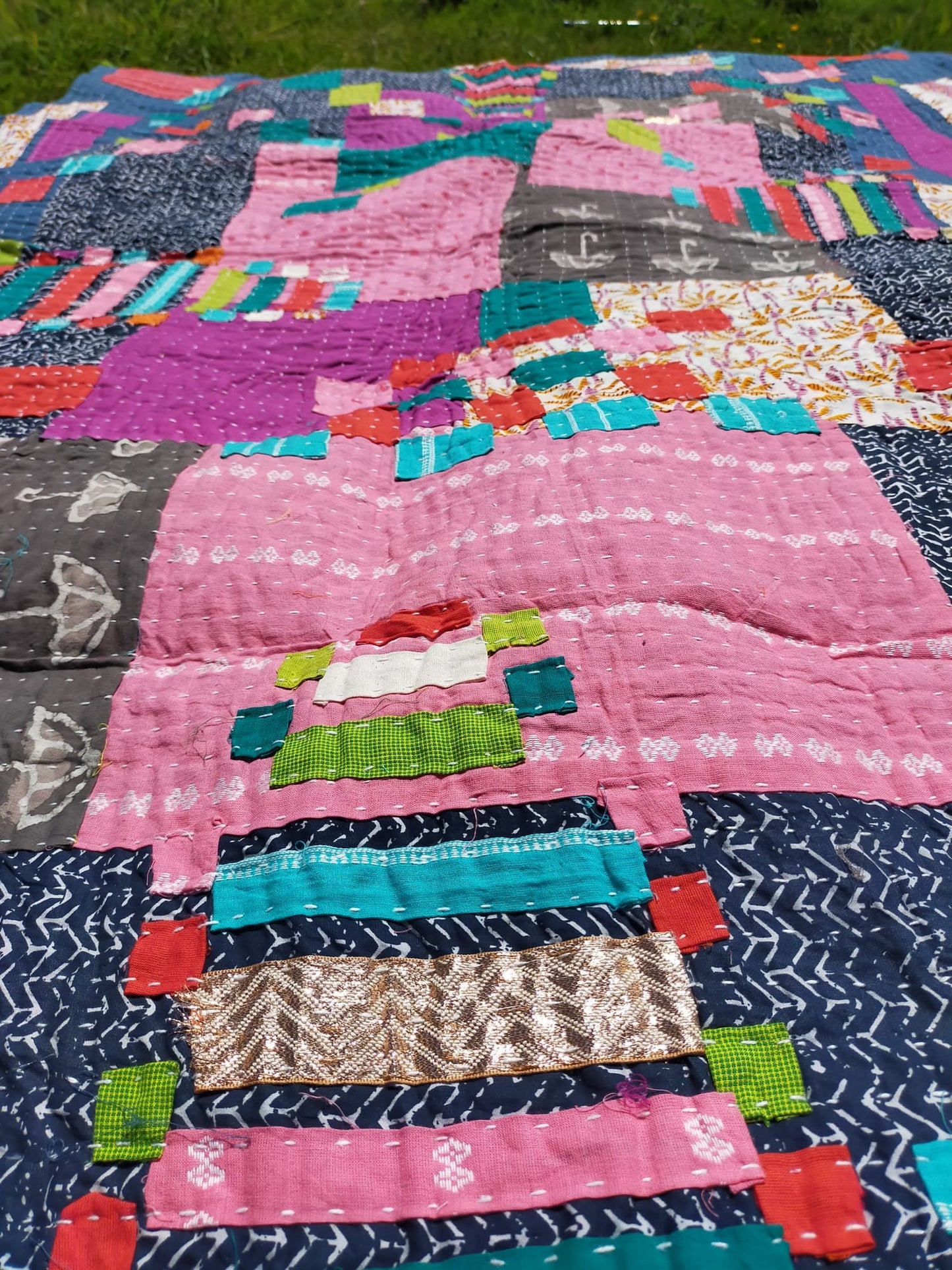 Siddi Kavand - Quilted Kantha Single Quilt Or Throw, Made With Recycled Cotton - Hand-Stitched By Women In India