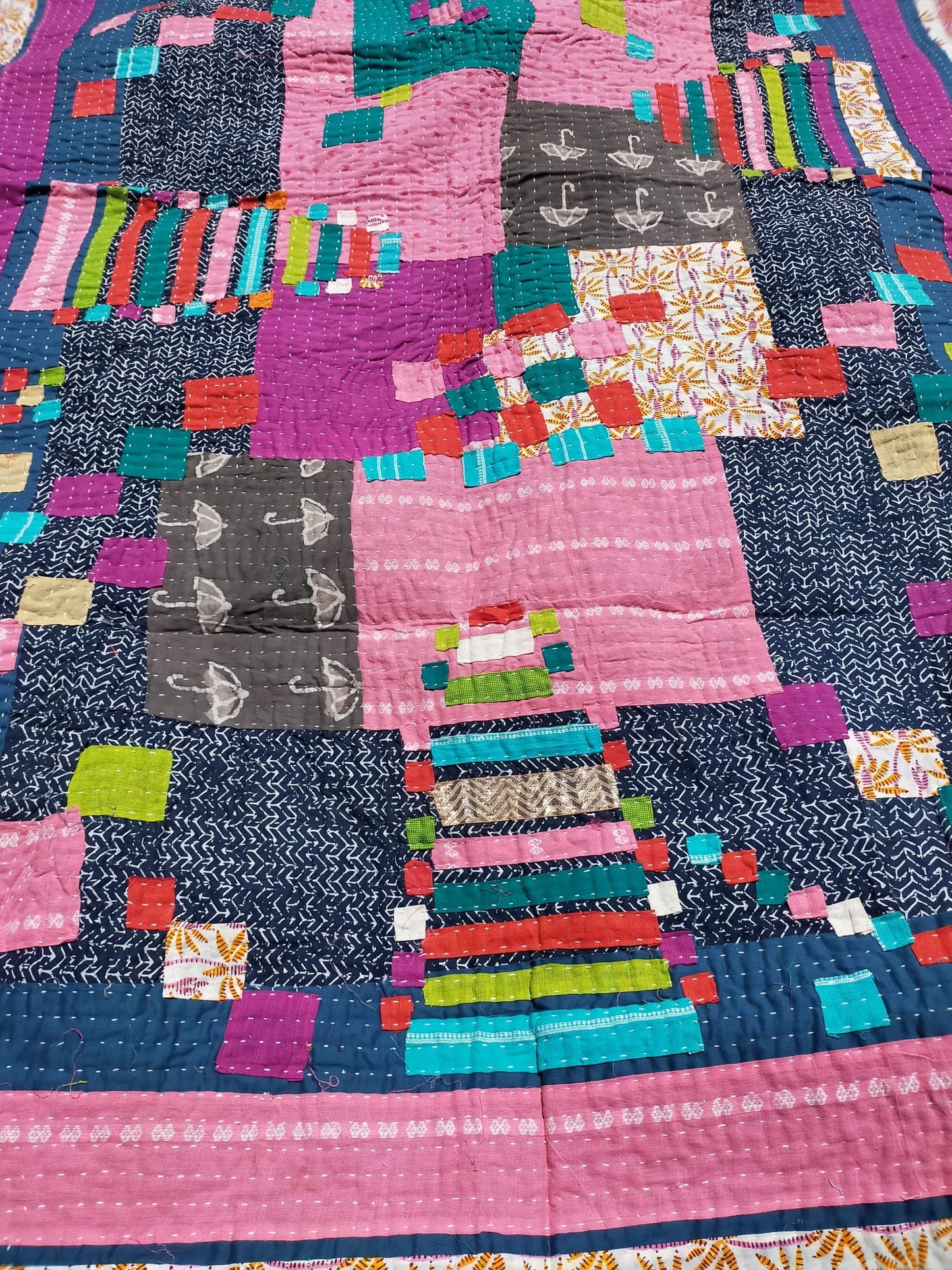 Siddi Kavand - Quilted Kantha Single Quilt Or Throw, Made With Recycled Cotton - Hand-Stitched By Women In India