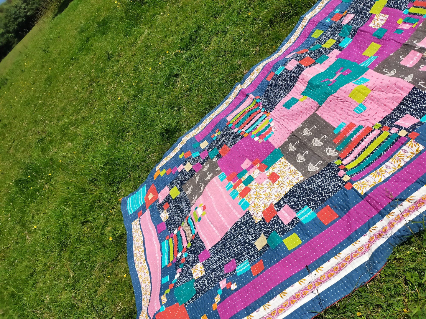 Siddi Kavand - Quilted Kantha Single Quilt Or Throw, Made With Recycled Cotton - Hand-Stitched By Women In India