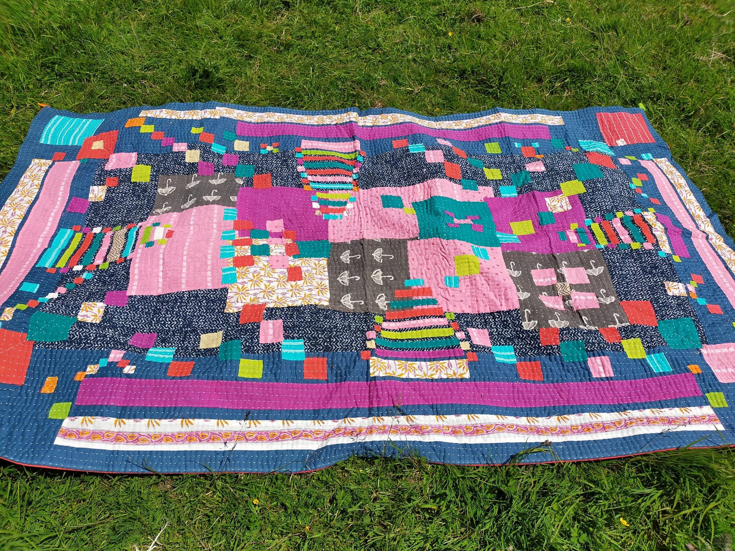 Siddi Kavand - Quilted Kantha Single Quilt Or Throw, Made With Recycled Cotton - Hand-Stitched By Women In India