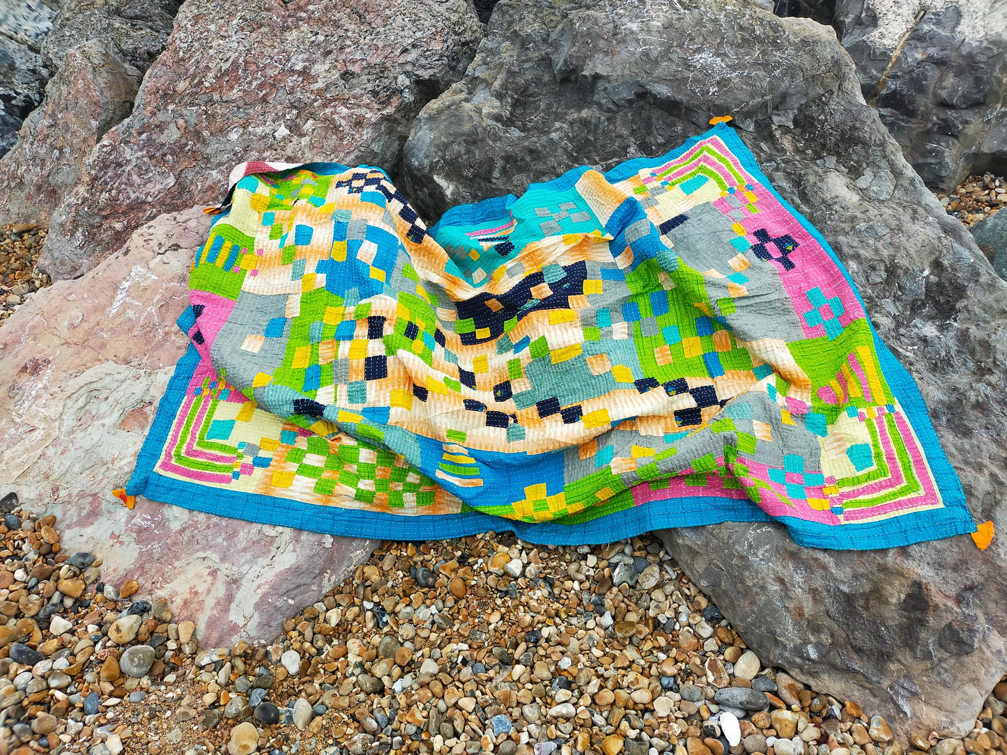 A Hand-Stitched Siddi Tribal Patchwork Kawandi Quilted Kantha Kavand Blanket From India