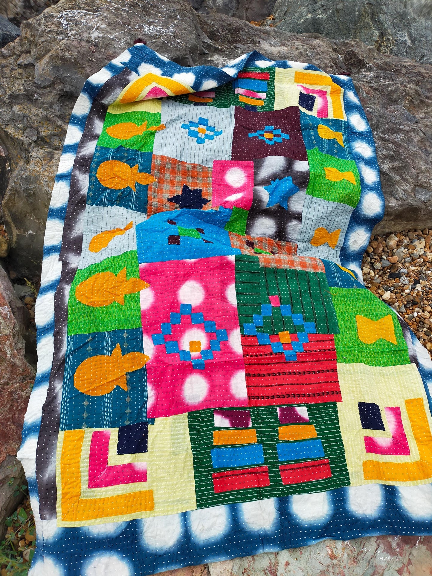 A Siddi Kawandi Hand Stitched Blanket Made By Tribal Women In Karnataka - Patchwork Quilted Kantha Blanket From India Kavand