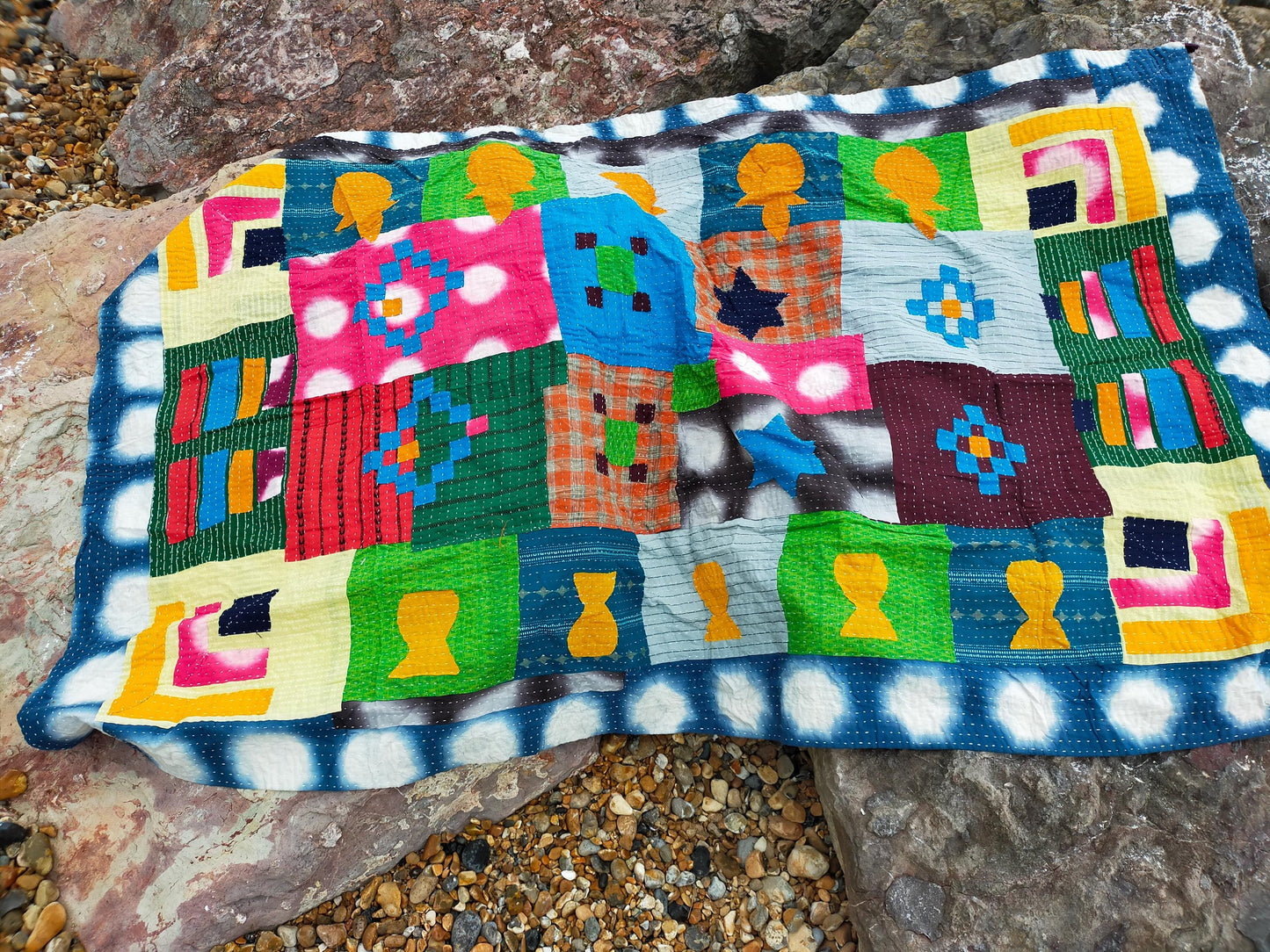 A Siddi Kawandi Hand Stitched Blanket Made By Tribal Women In Karnataka - Patchwork Quilted Kantha Blanket From India Kavand