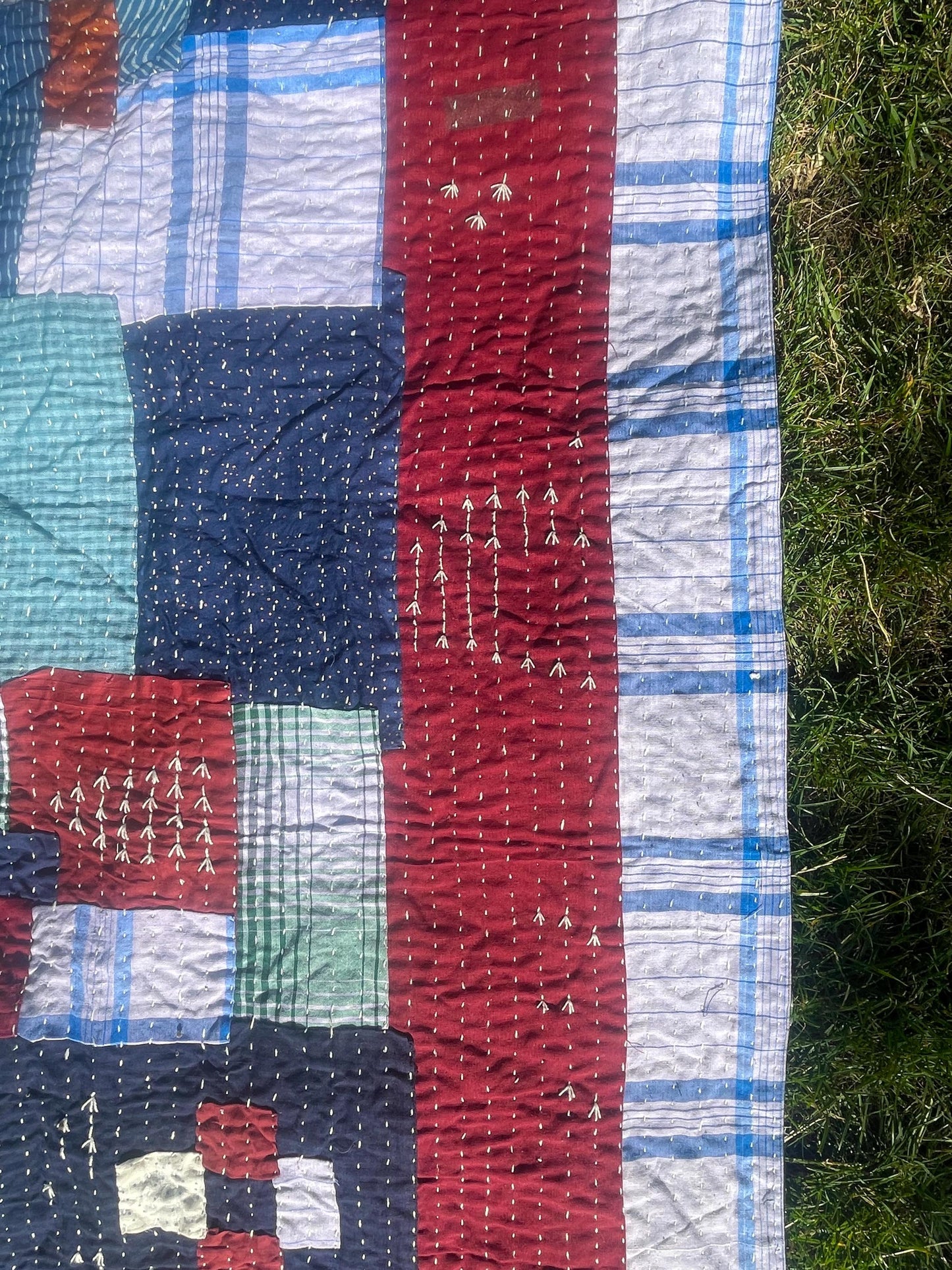 Hand-Stitched Naturally Dyed Godhari Kantha Patchwork Quilt From Maharashtra Made From Recycled Cotton