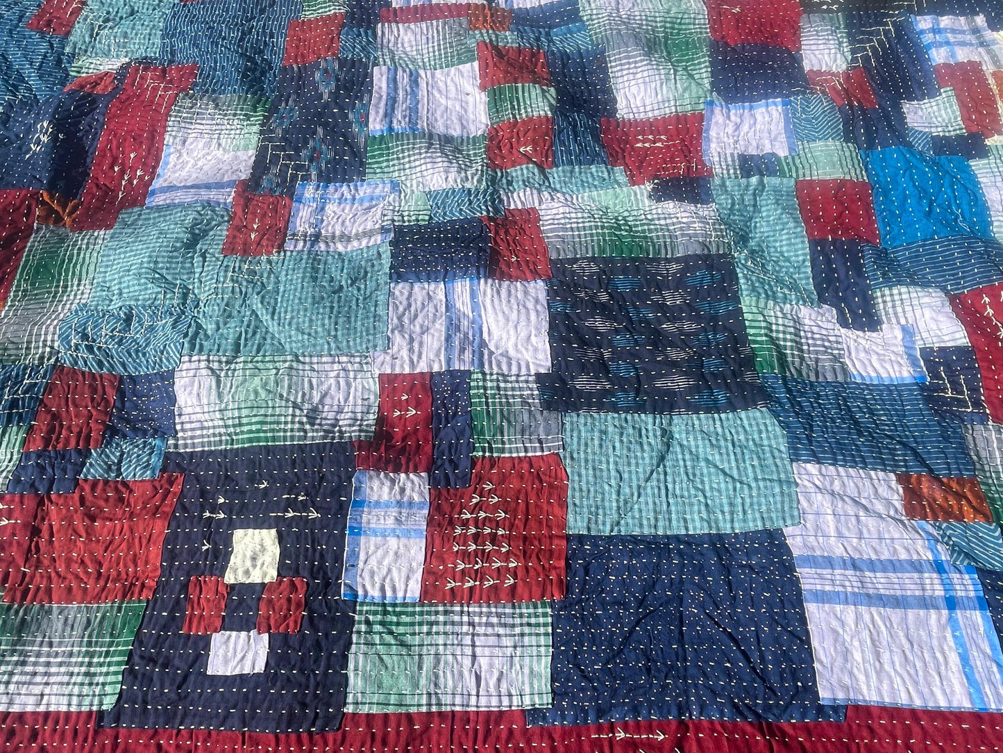 Hand-Stitched Naturally Dyed Godhari Kantha Patchwork Quilt From Maharashtra Made From Recycled Cotton