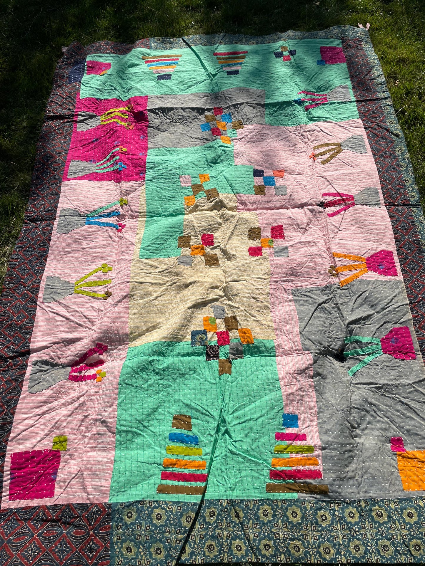 Siddi Tribal Patchwork Kantha Kawandi Kavand Quilted Blanket Made With Up-Cycled Cotton In India