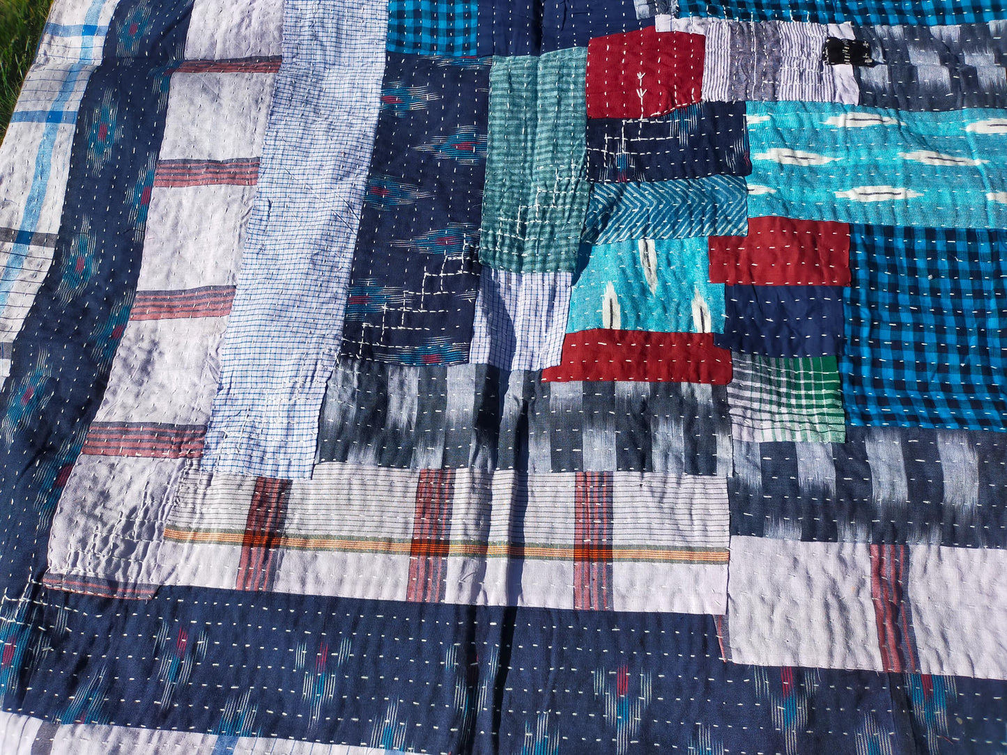 Hand-Stitched Naturally Dyed Godhari Kantha Patchwork Quilt From Maharashtra Made From Cotton Offcuts