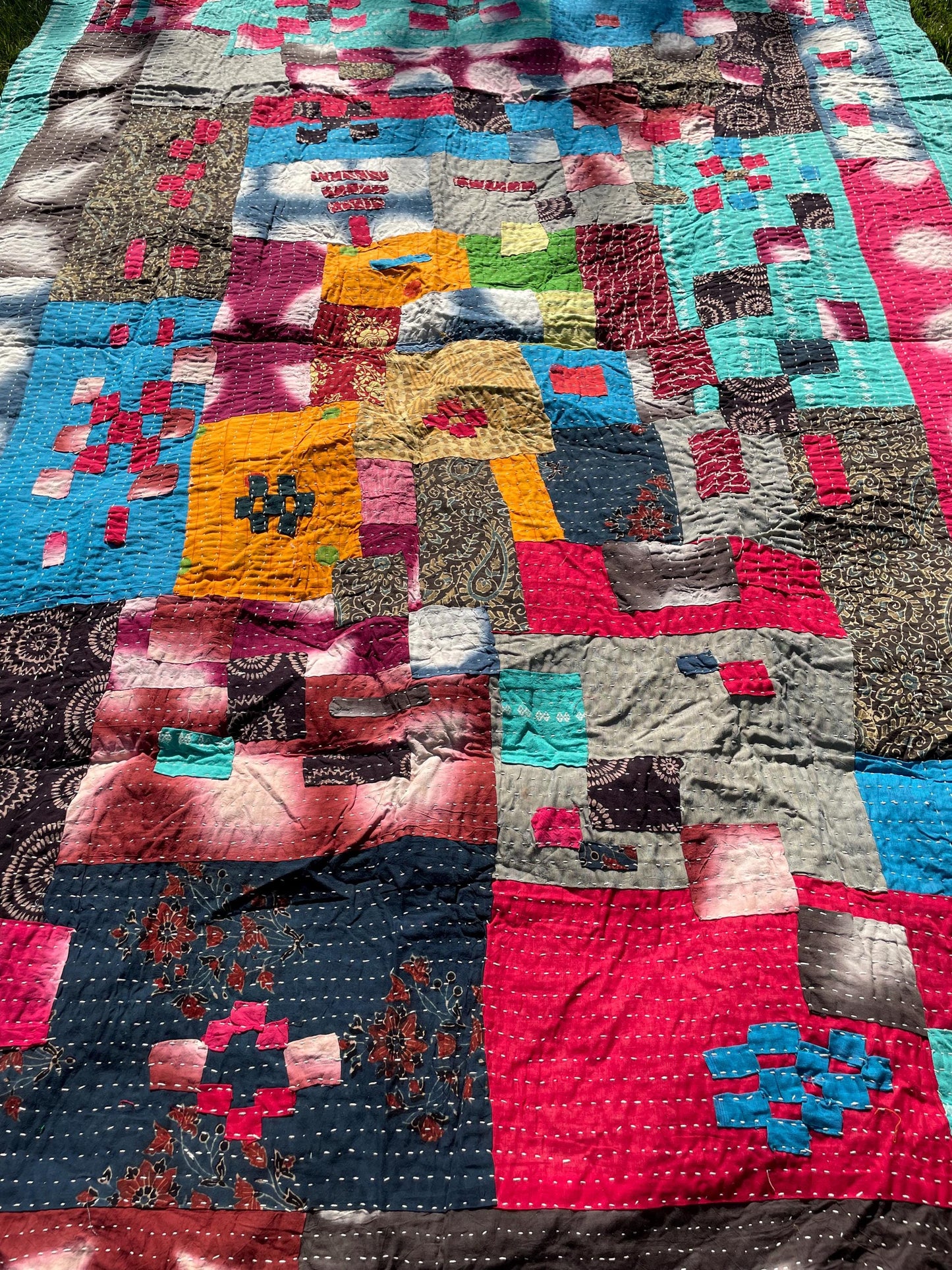 Siddi Tribal Patchwork Kantha Kawandi Kavand Quilted Blanket Made With Recycled Cotton and Natural Dye Block Print In India