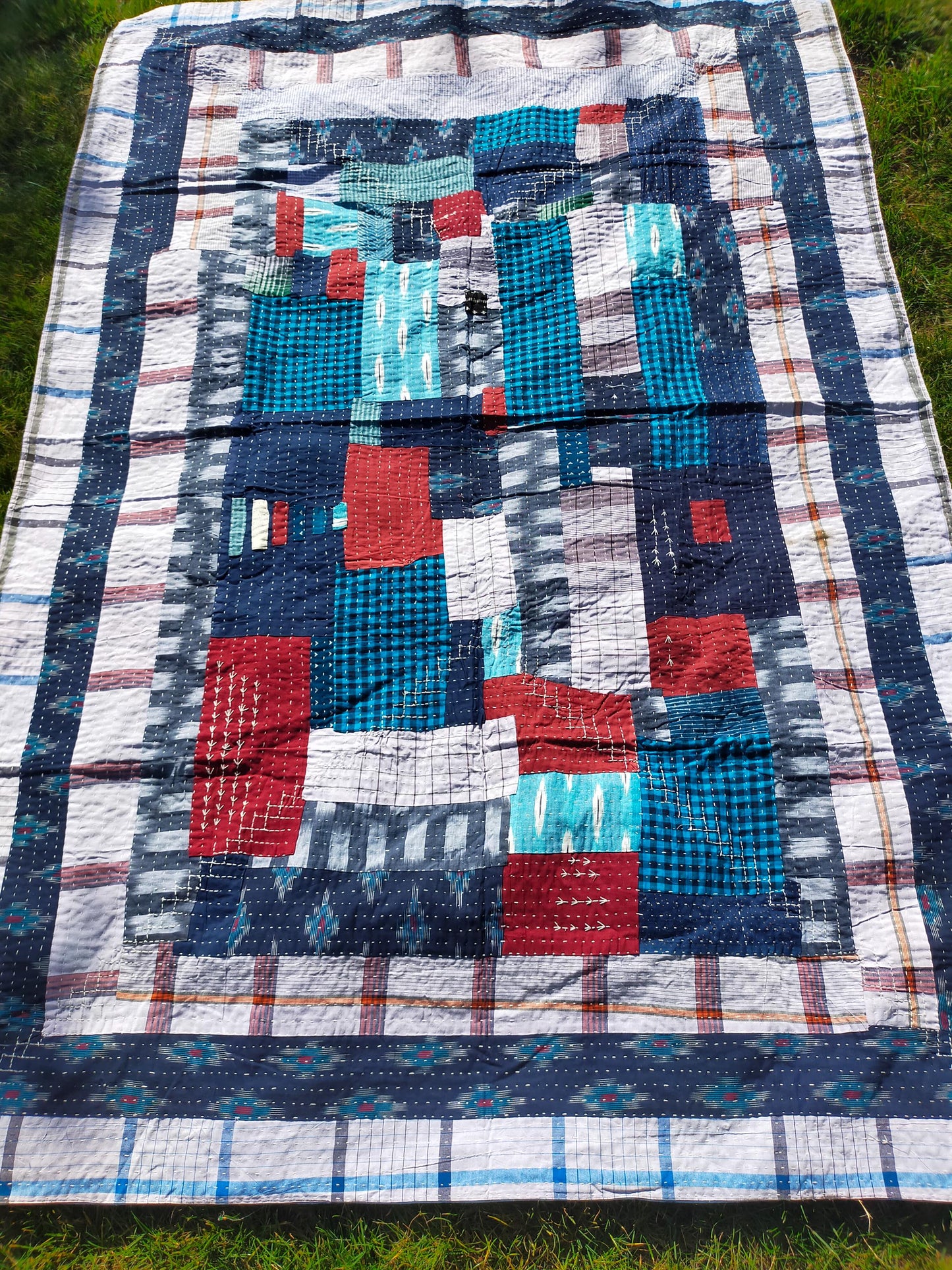 Hand-Stitched Naturally Dyed Godhari Kantha Patchwork Quilt From Maharashtra Made From Cotton Offcuts